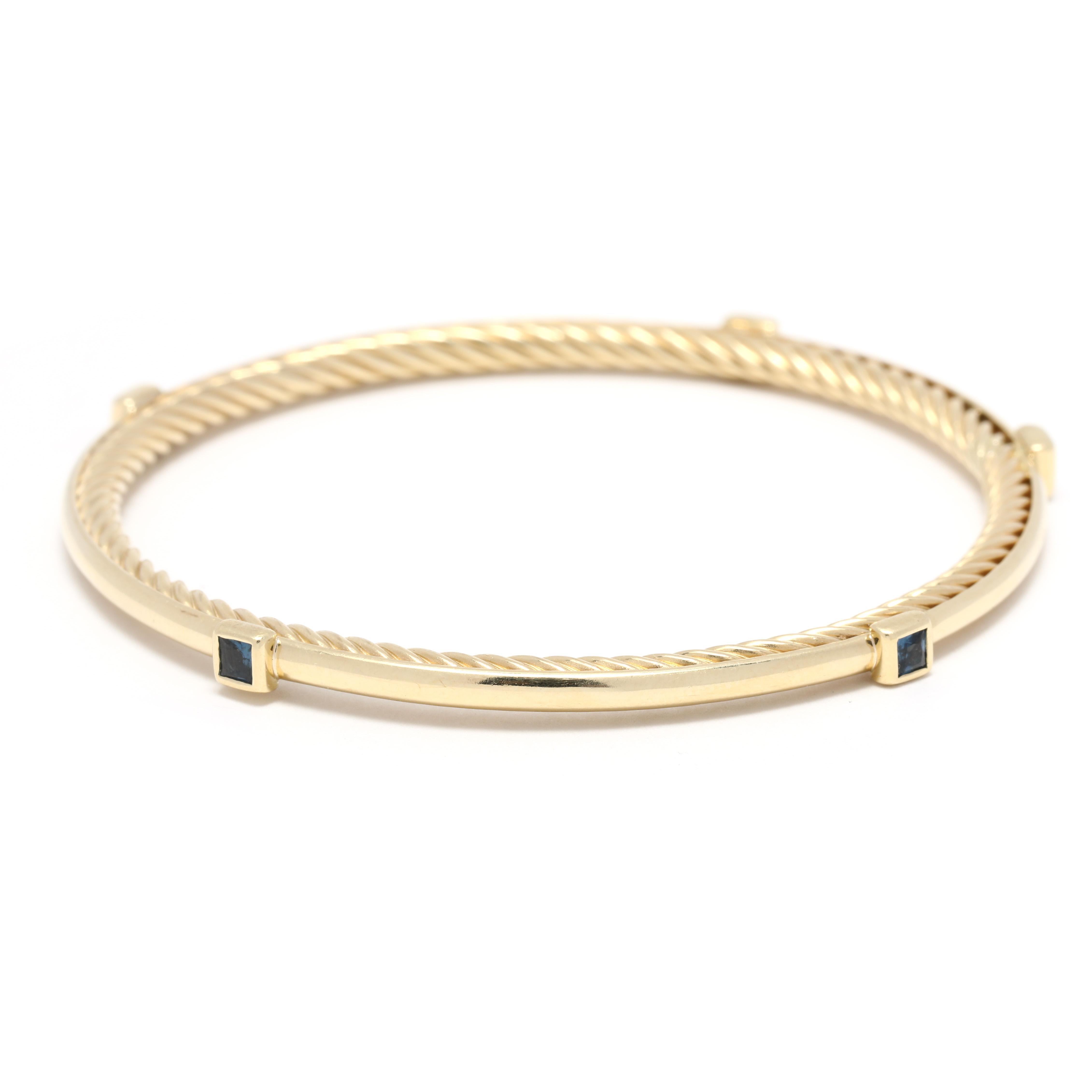 This stunning David Yurman .60ctw Sapphire Cable Bangle Bracelet is crafted in 18K Yellow Gold and features a length of 6.5 inches, making it a perfect choice for a small David Yurman bangle. Its unique cable design is embellished with .60ctw of