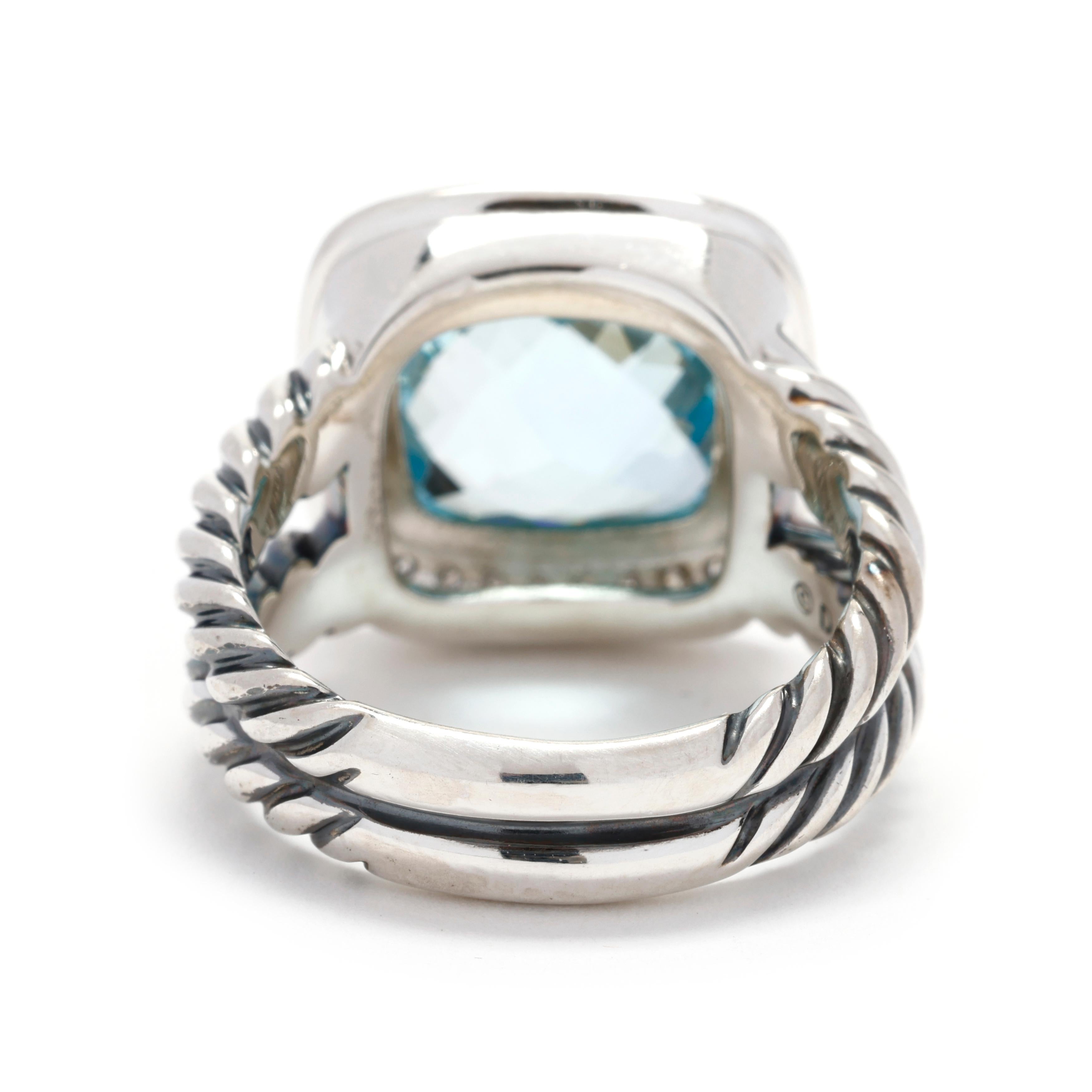 Cushion Cut David Yurman 6.17ctw Blue Topaz and Diamond Ring, Sterling Silver, Ring Size 7