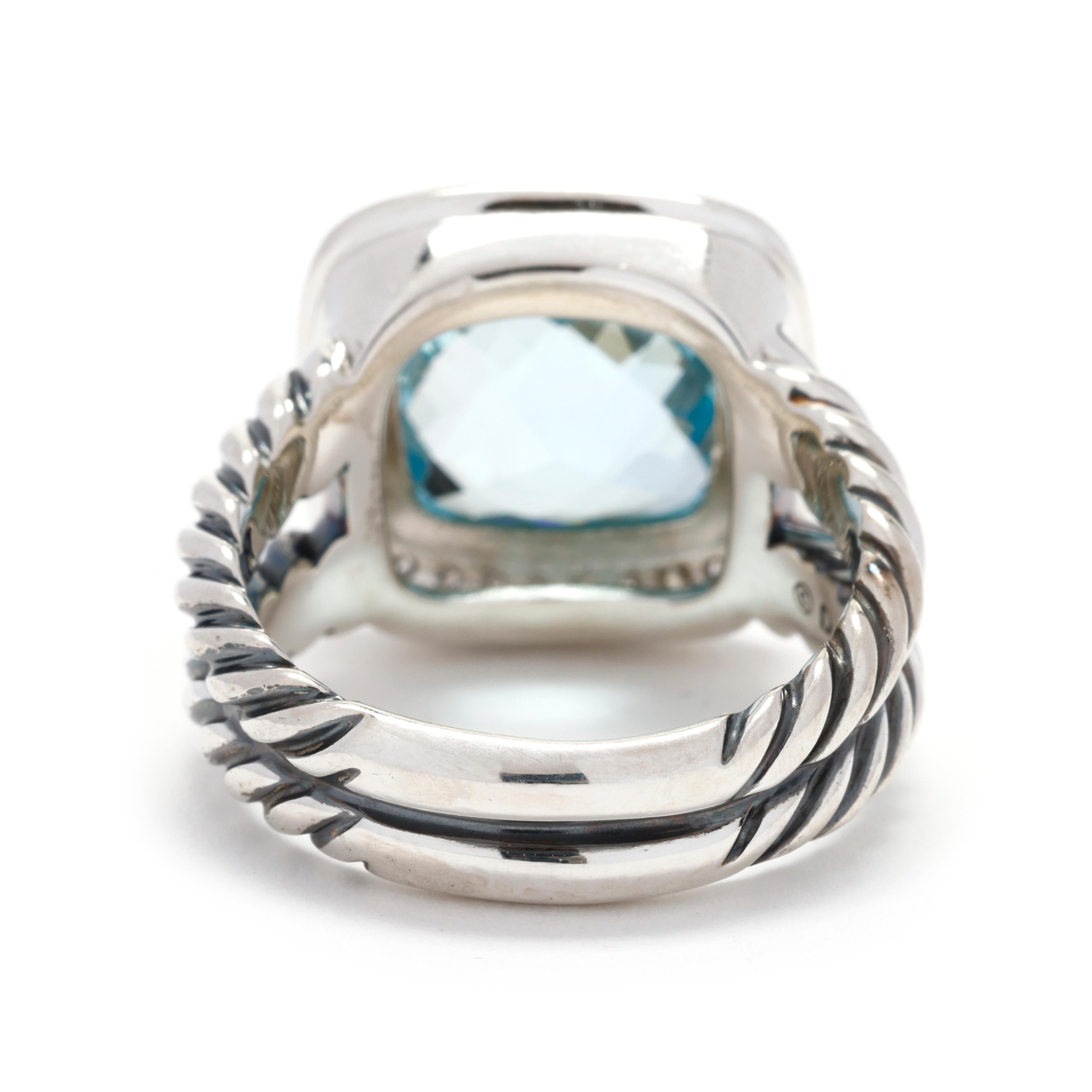 Taille coussin David Yurman, bague avec topaze bleue et diamants 6,17 ctw, argent sterling, taille 7 en vente