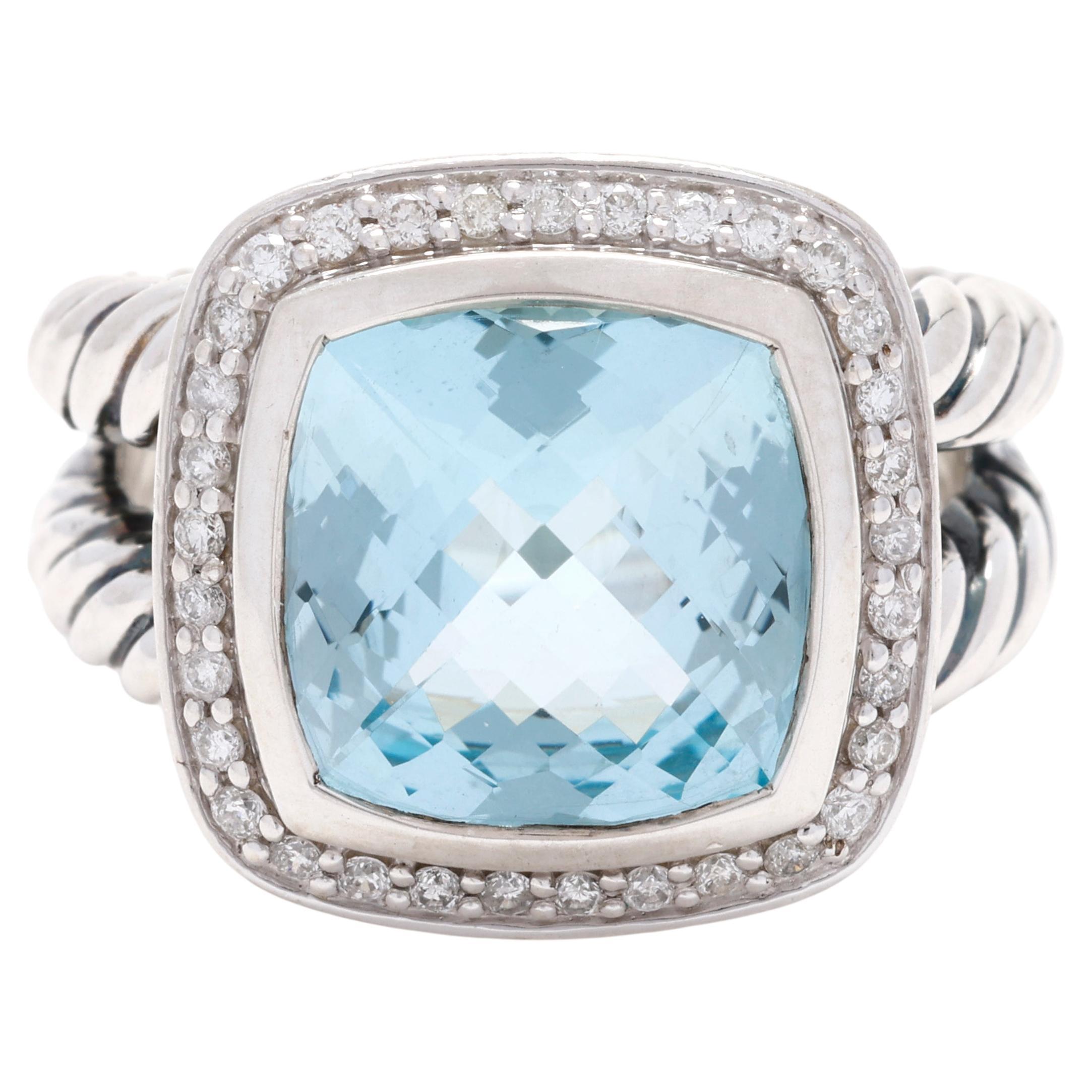 David Yurman, bague avec topaze bleue et diamants 6,17 ctw, argent sterling, taille 7 en vente