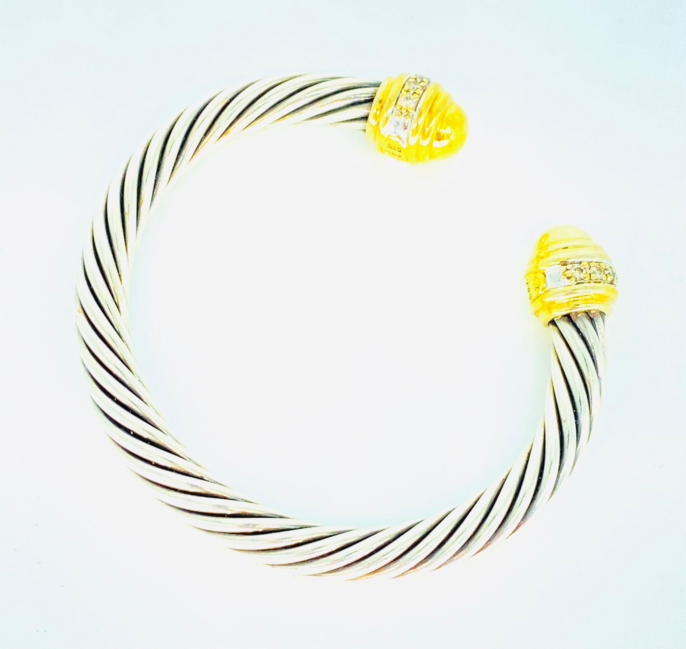 Round Cut David Yurman Cable Bracelet in Silver/18k Gold with Diamonds Bangle For Sale