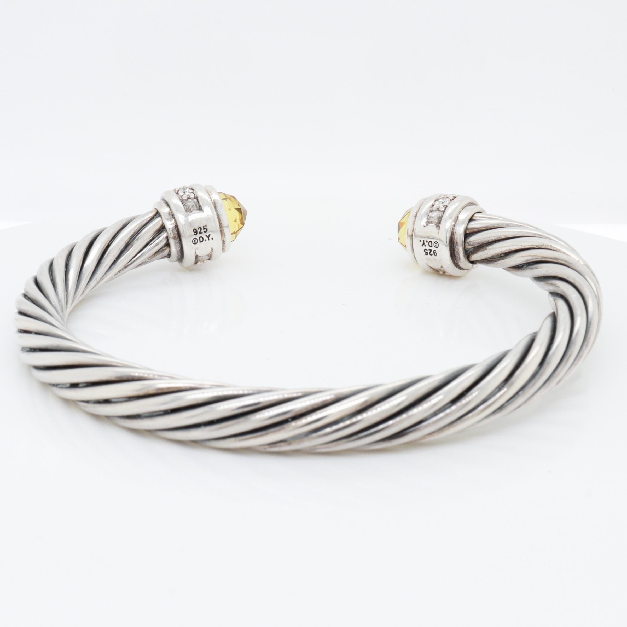 David Yurman 7mm Sterling Silver, Citrine, & Diamond Classic Cable Bracelet For Sale 7