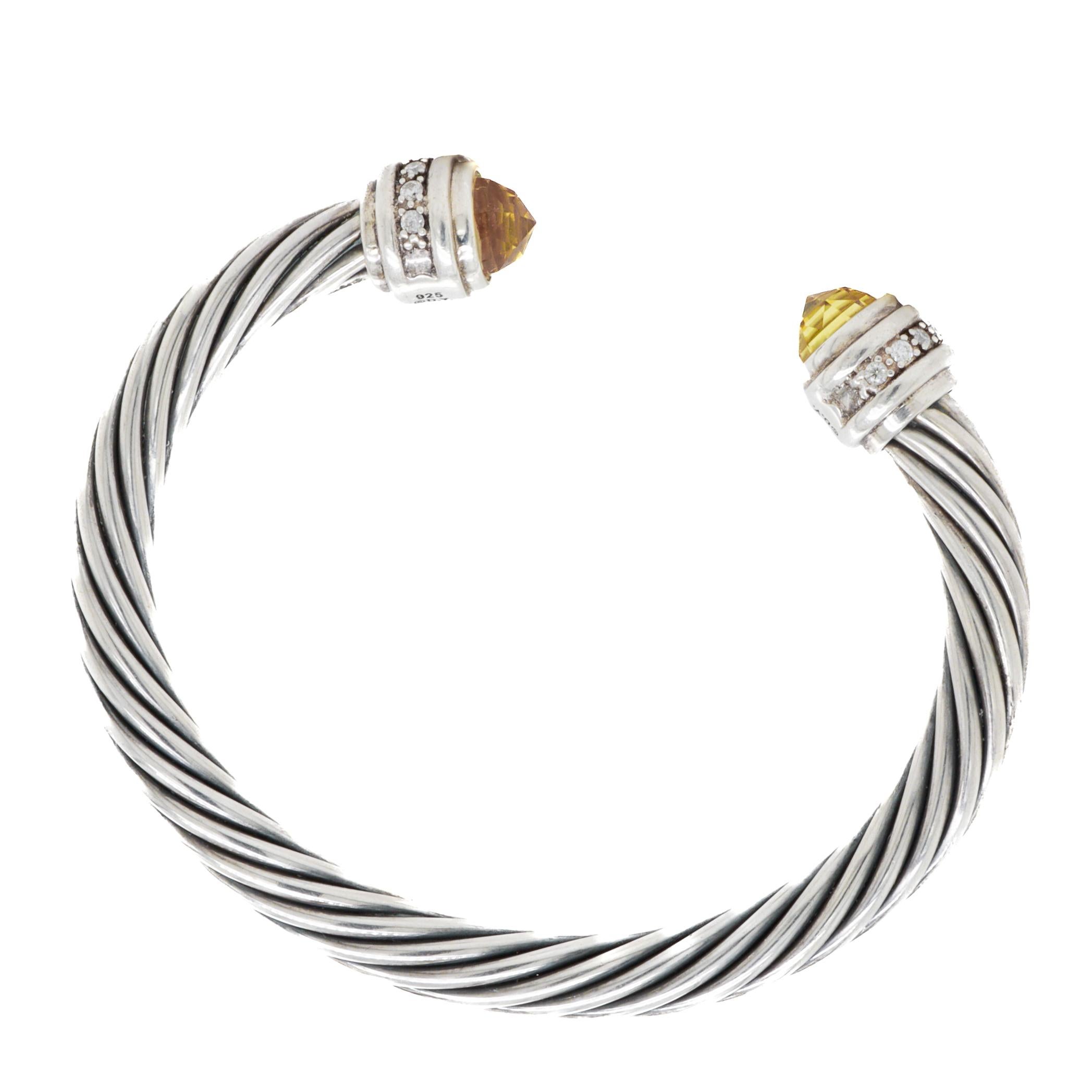 Women's David Yurman 7mm Sterling Silver, Citrine, & Diamond Classic Cable Bracelet For Sale