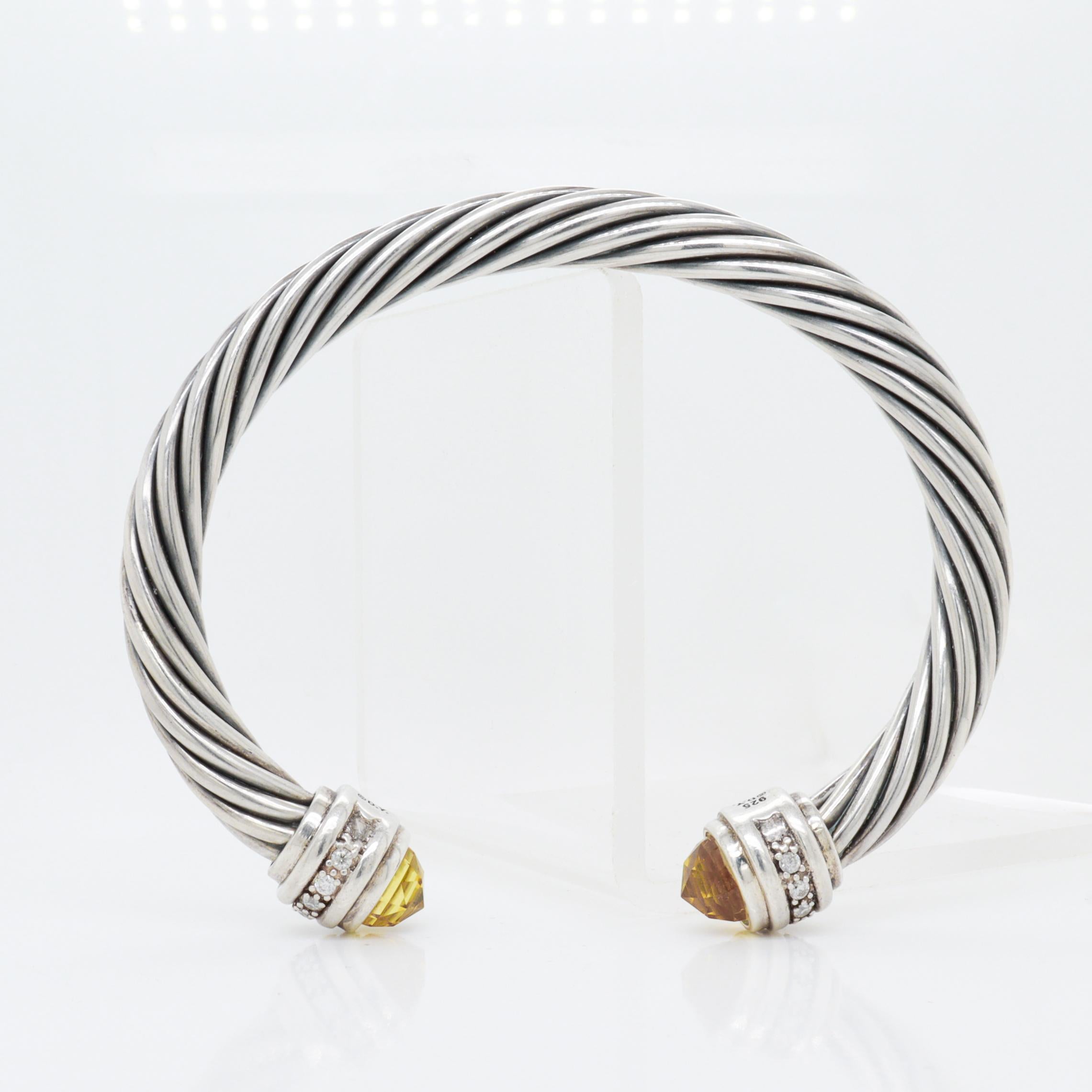 David Yurman 7mm Sterling Silver, Citrine, & Diamond Classic Cable Bracelet For Sale 2