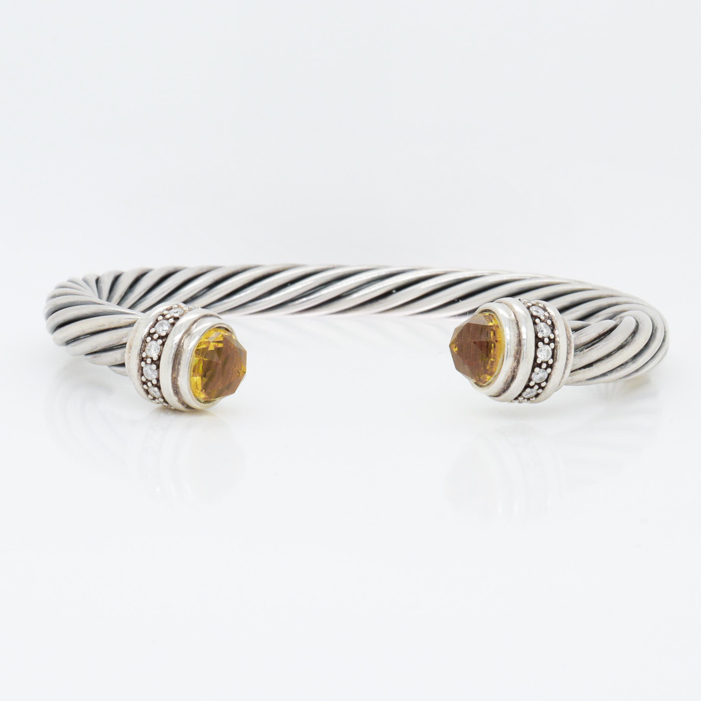 David Yurman 7mm Sterling Silver, Citrine, & Diamond Classic Cable Bracelet For Sale 3