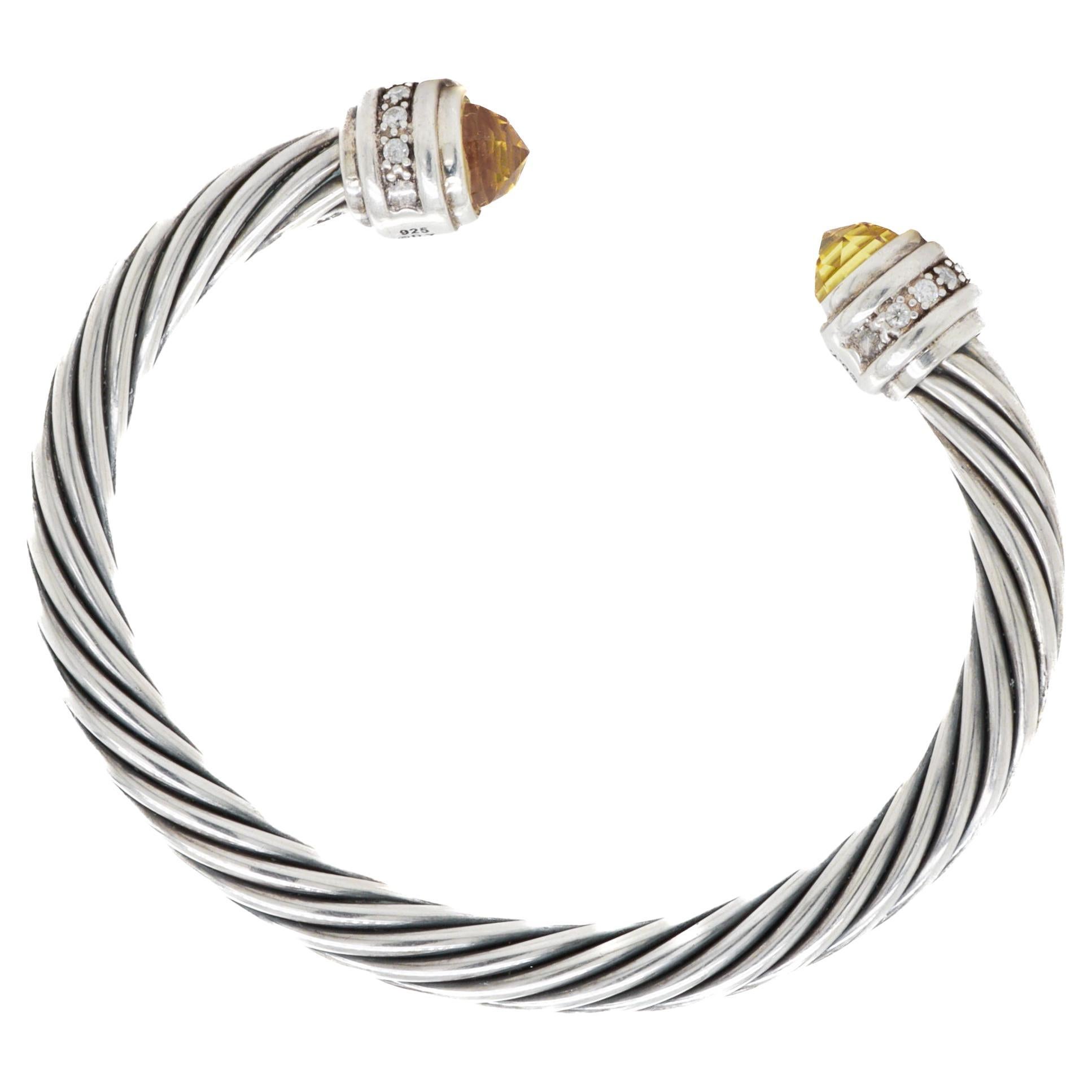 David Yurman 7mm Sterling Silver, Citrine, & Diamond Classic Cable Bracelet For Sale