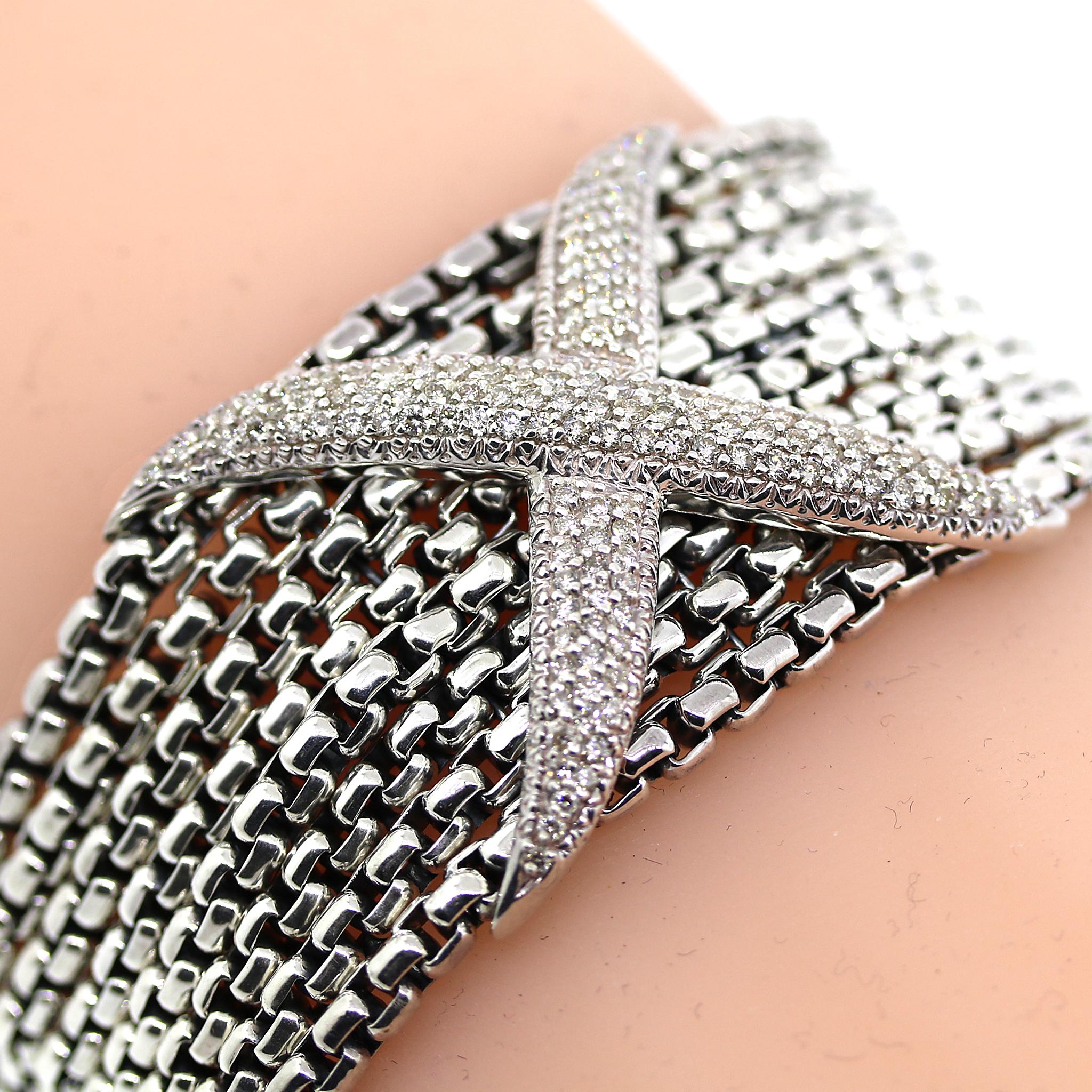 David Yurman 8 Row Diamond X Bracelet in Sterling Silver In Good Condition For Sale In New York, NY
