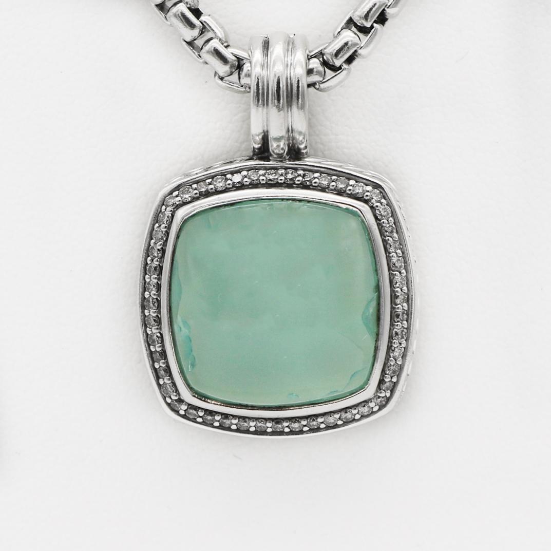 DAVID YURMAN
Albion Collection
Beautiful Green Chalcedony and a Diamond Halo on Pendant 
David Yurman's Signature Box Link Chain 
925 Sterling Silver, 14K Gold Chain Tag 
Pendant approx. 1.25
