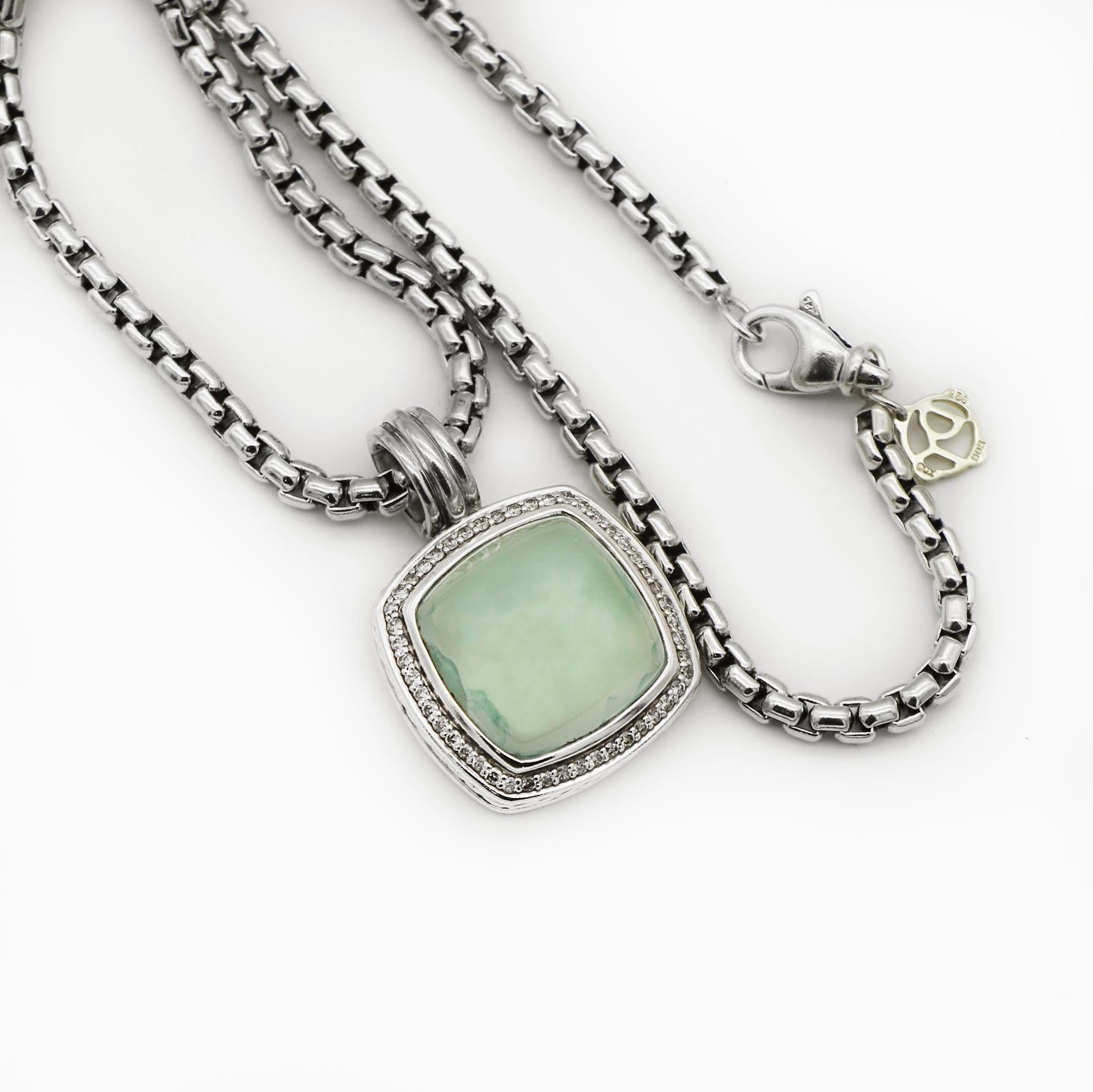 Cushion Cut David Yurman 925 Albion Chalcedony & Diamond Pendant Necklace For Sale