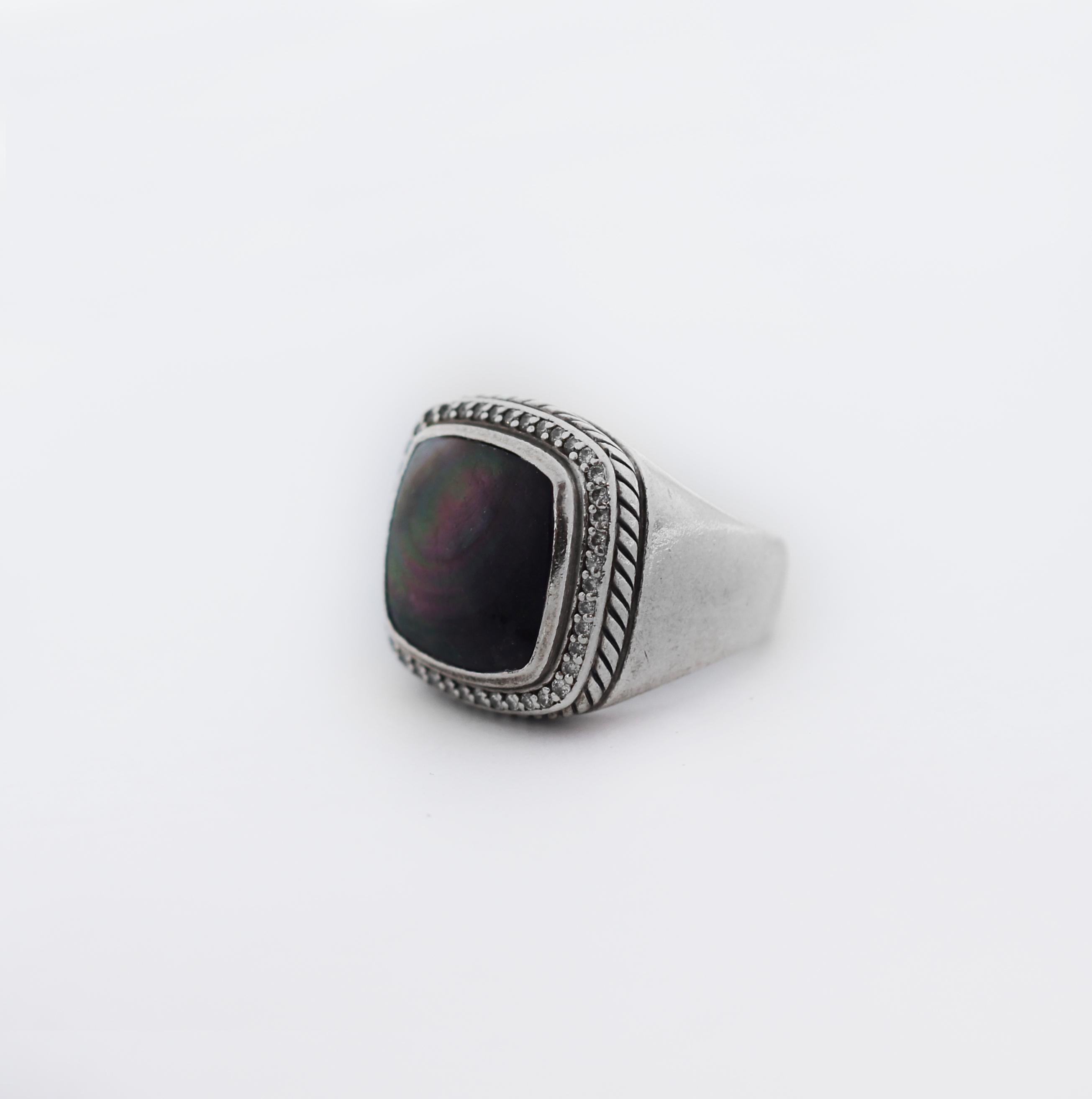 Round Cut David Yurman 925 Rare Black MOP Diamond Albion Ring For Sale