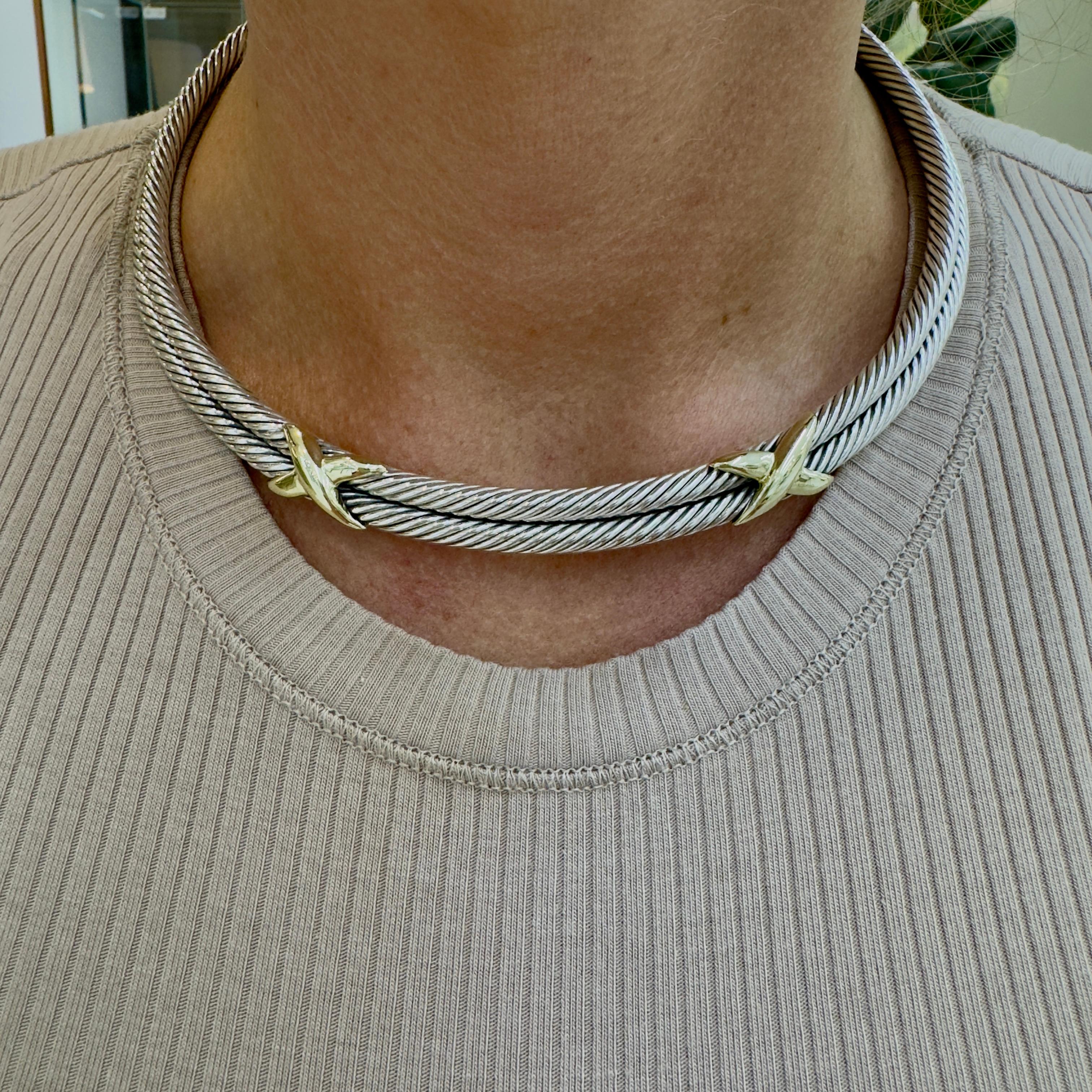 David Yurman Collana classica a girocollo con doppio cavo a X in argento 925 e oro 14 carati in vendita 4