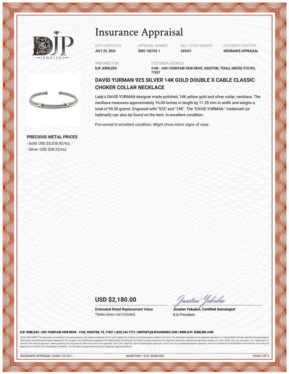 David Yurman Collana classica a girocollo con doppio cavo a X in argento 925 e oro 14 carati in vendita 5
