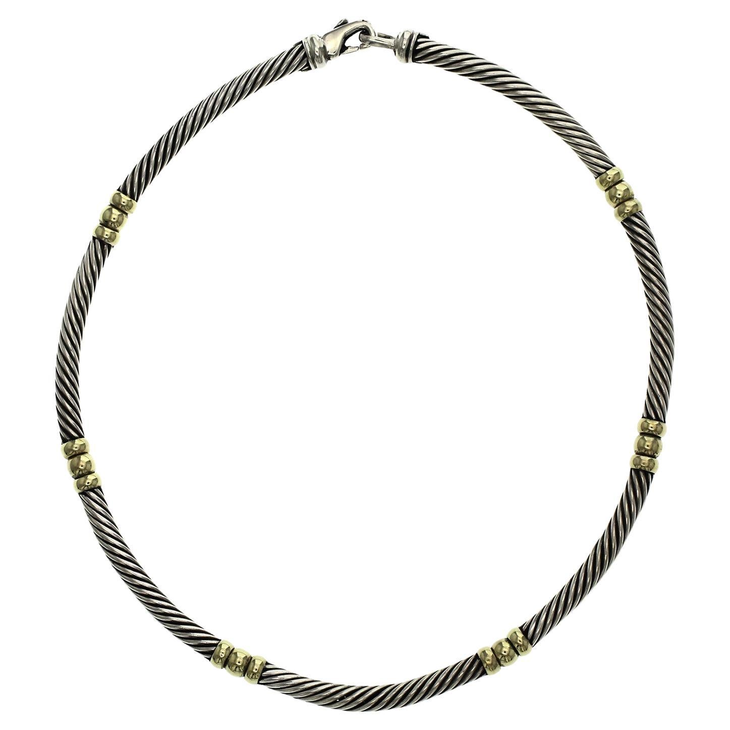David Yurman 925 Silver & 14K Gold Hampton 5mm Cable Choker Necklace Size 15" For Sale