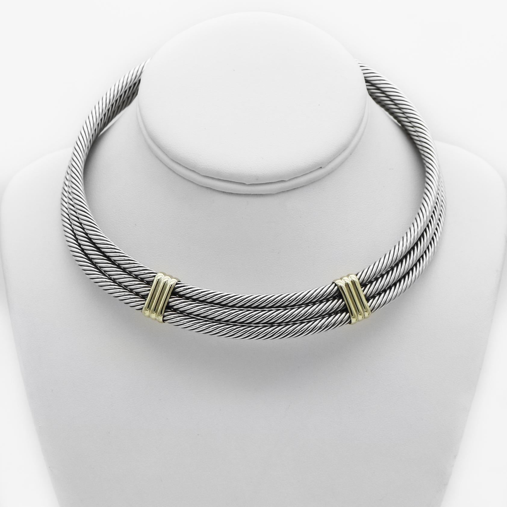 David Yurman Collar gargantilla Triple Cable Plata 925 14K en Bueno estado para la venta en San Fernando, CA