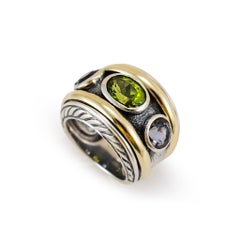 David Yurman 925 Silver 14K Yellow Gold Renaissance 3 Stone Cocktail Ring