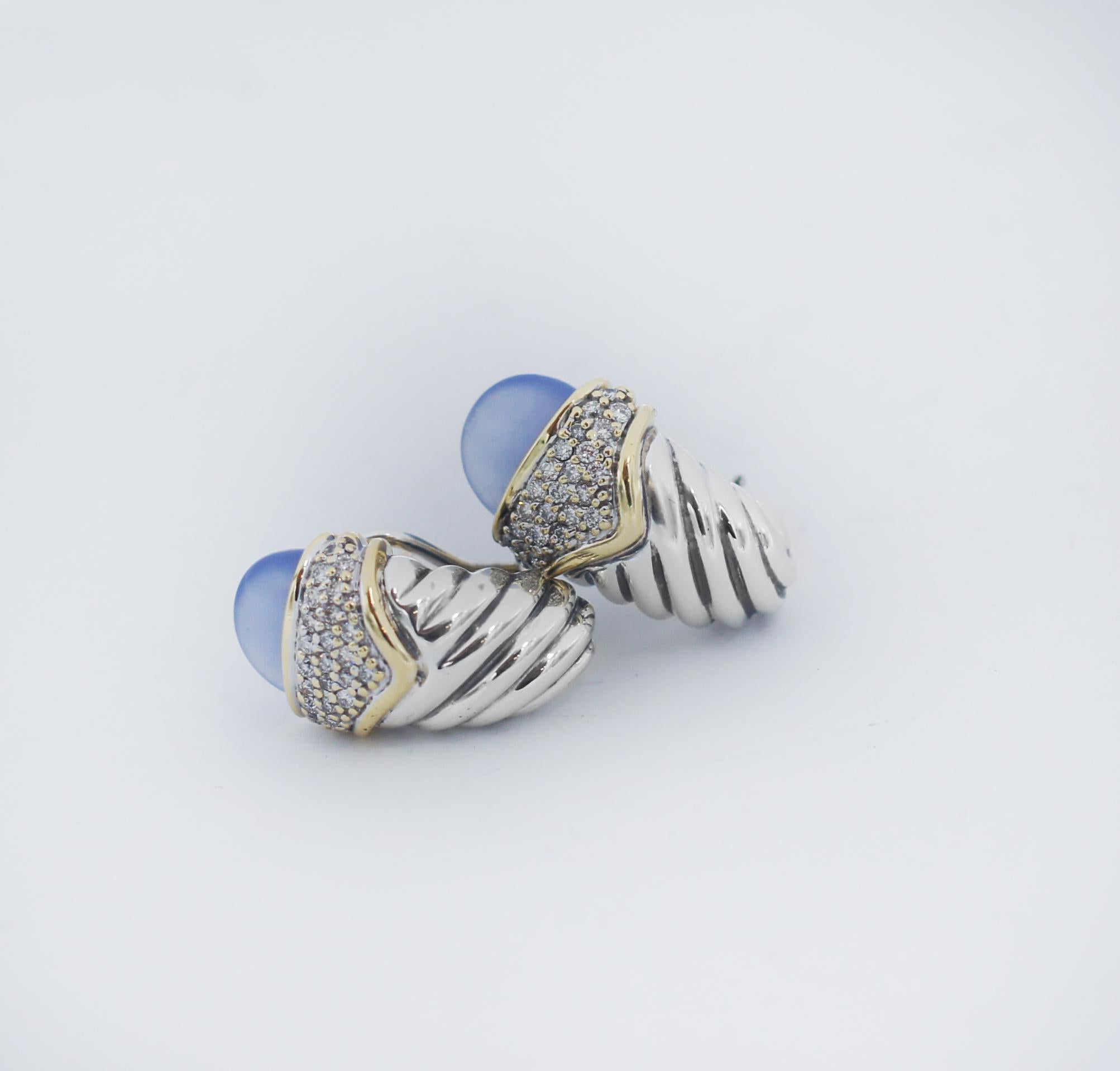 David Yurman 925 Silver 18k Chalcedony Diamond Waverly Shrimp Earrings In Good Condition For Sale In San Fernando, CA