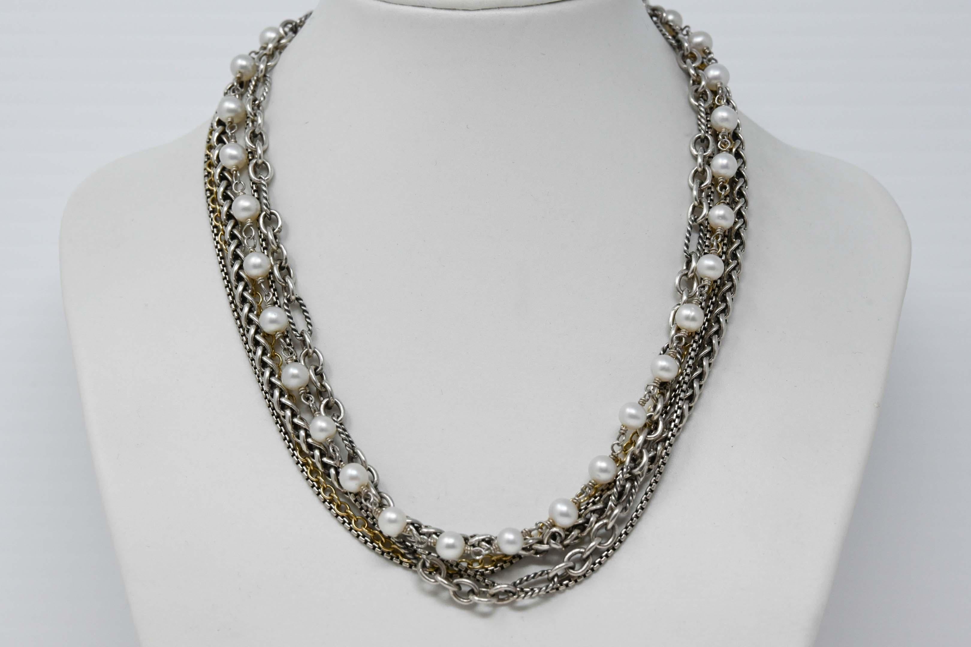 David Yurman sterling silver and 18k gold, pearl 16 inch multi-strand necklace. Stamped on the clasp 925-750 D. Yurman. COA.

