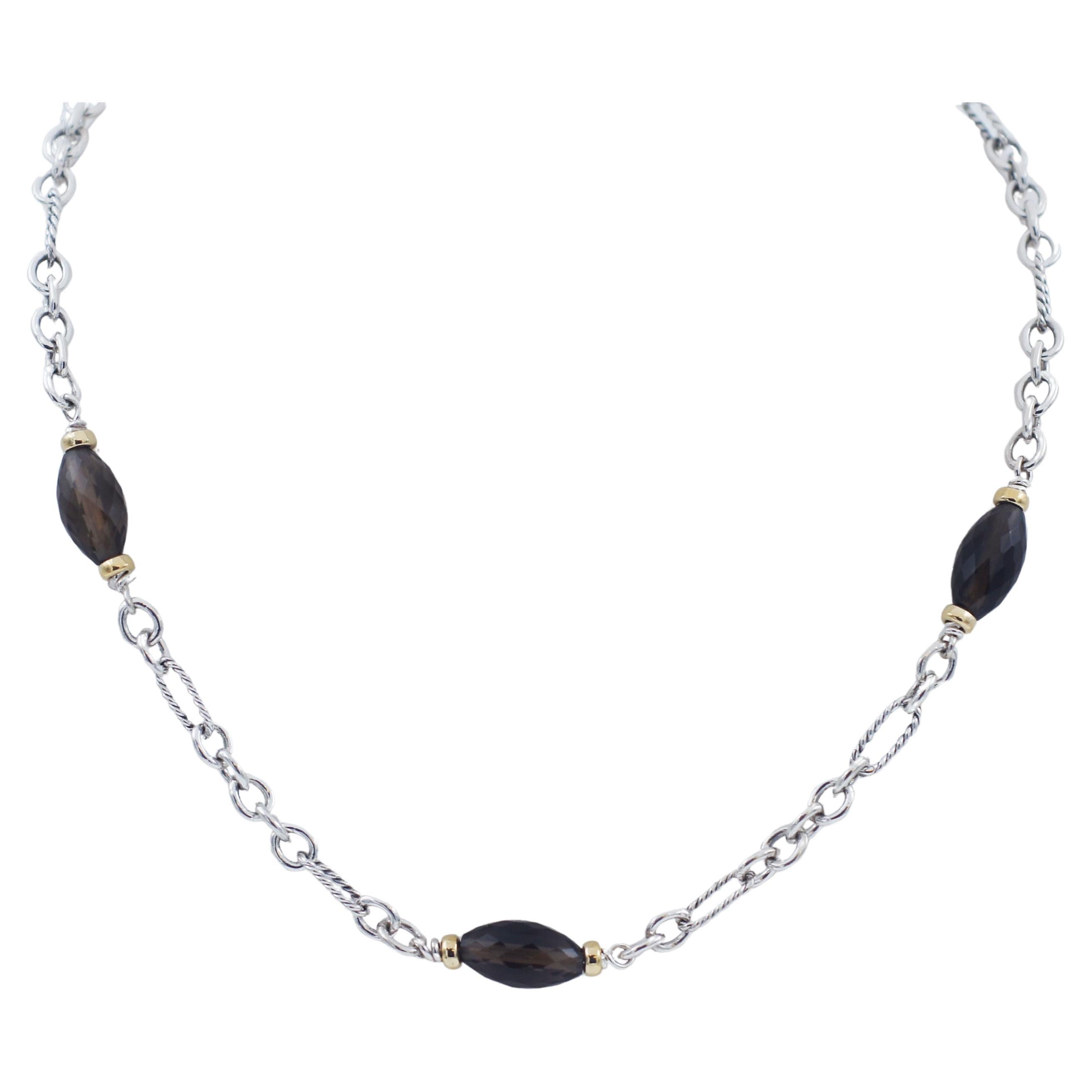 David Yurman 925 Silver 18K Smoky Quartz Bijoux Figaro Necklace