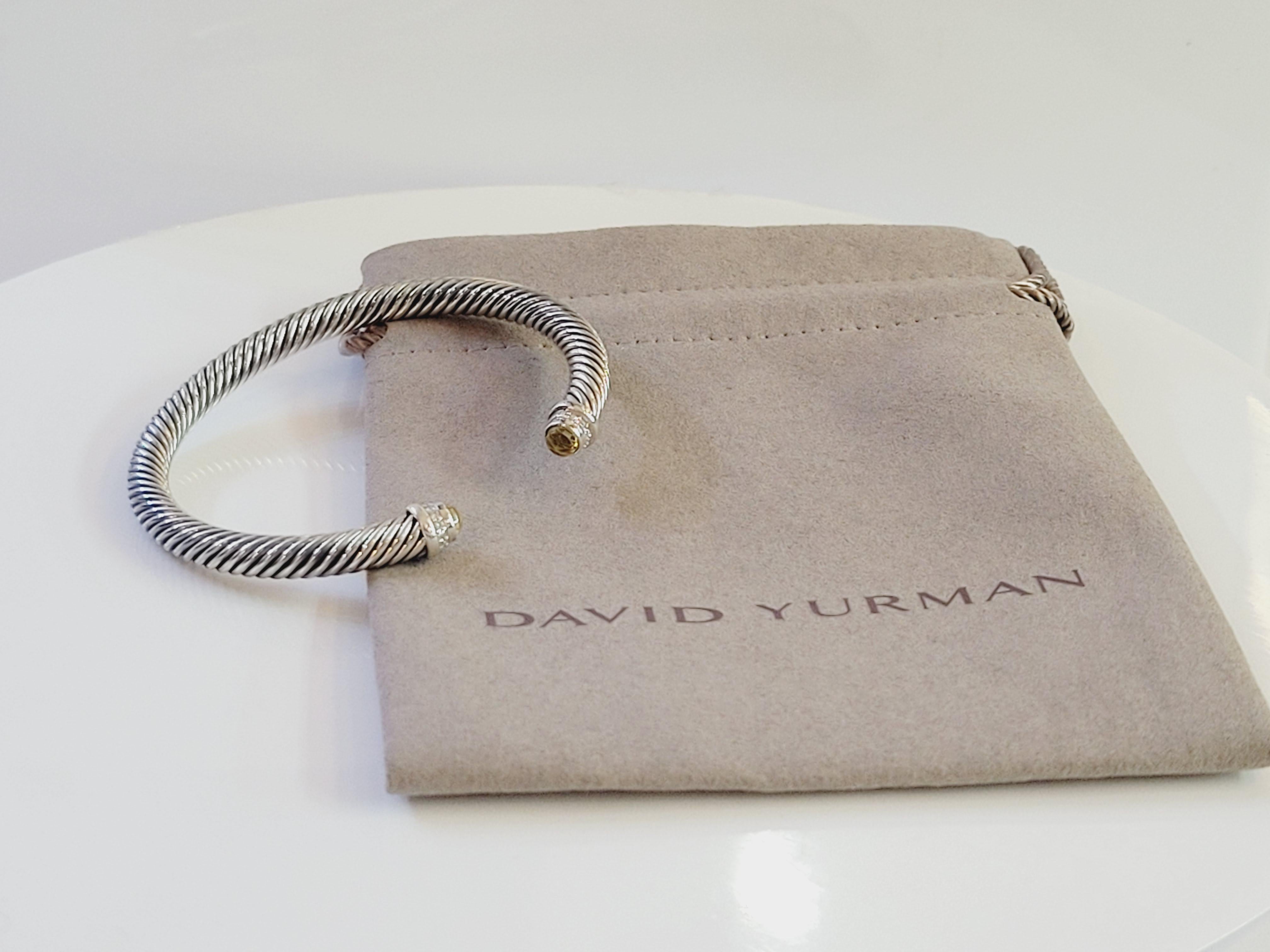 Women's David Yurman 925 Silver 5mm Cable Lemon Citrine & Diamond Cuff Bracelet
