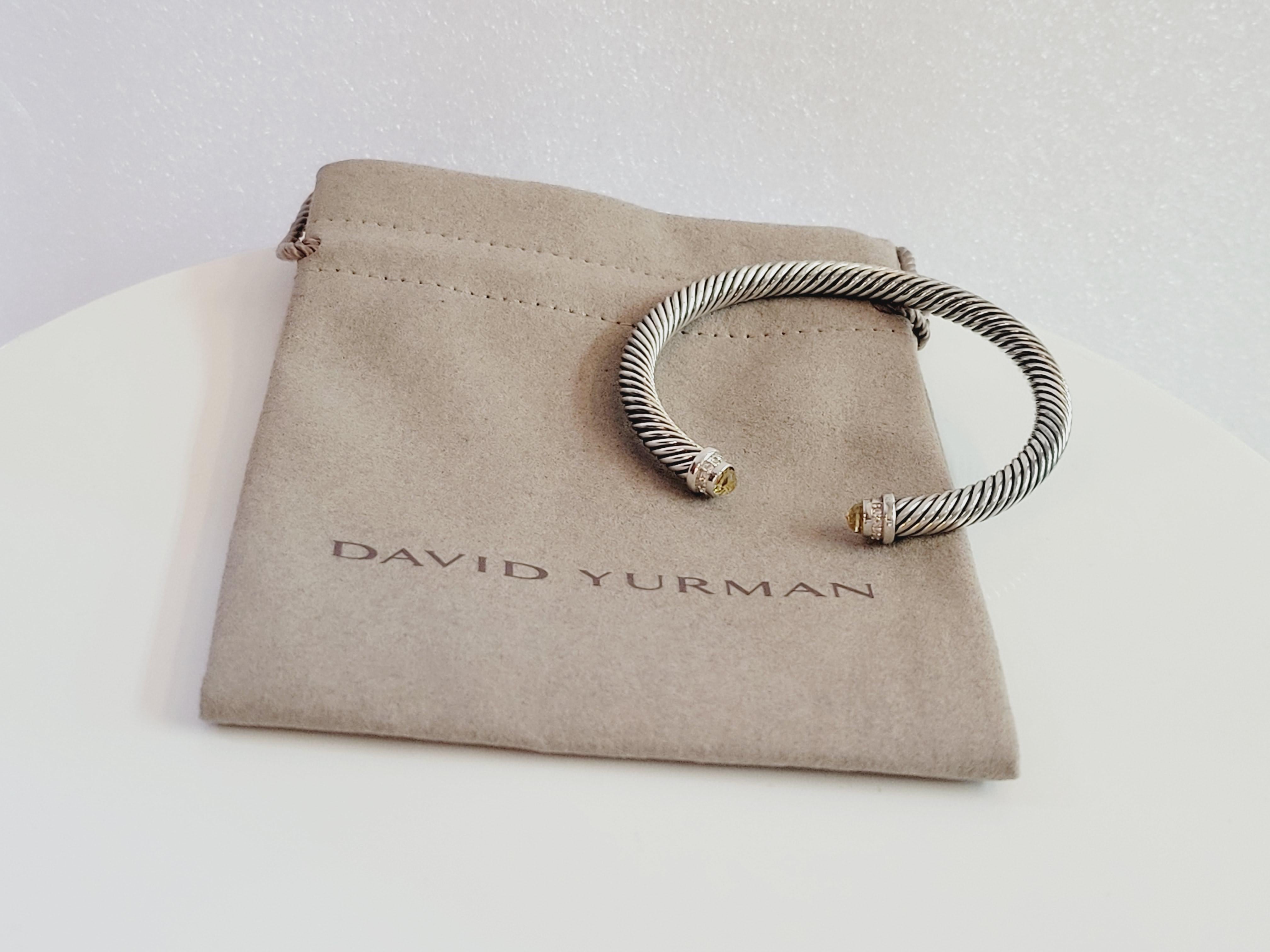 David Yurman 925 Silver 5mm Cable Lemon Citrine & Diamond Cuff Bracelet 1