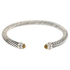 David Yurman 925 Silver 5mm Cable Lemon Citrine & Diamond Cuff Bracelet