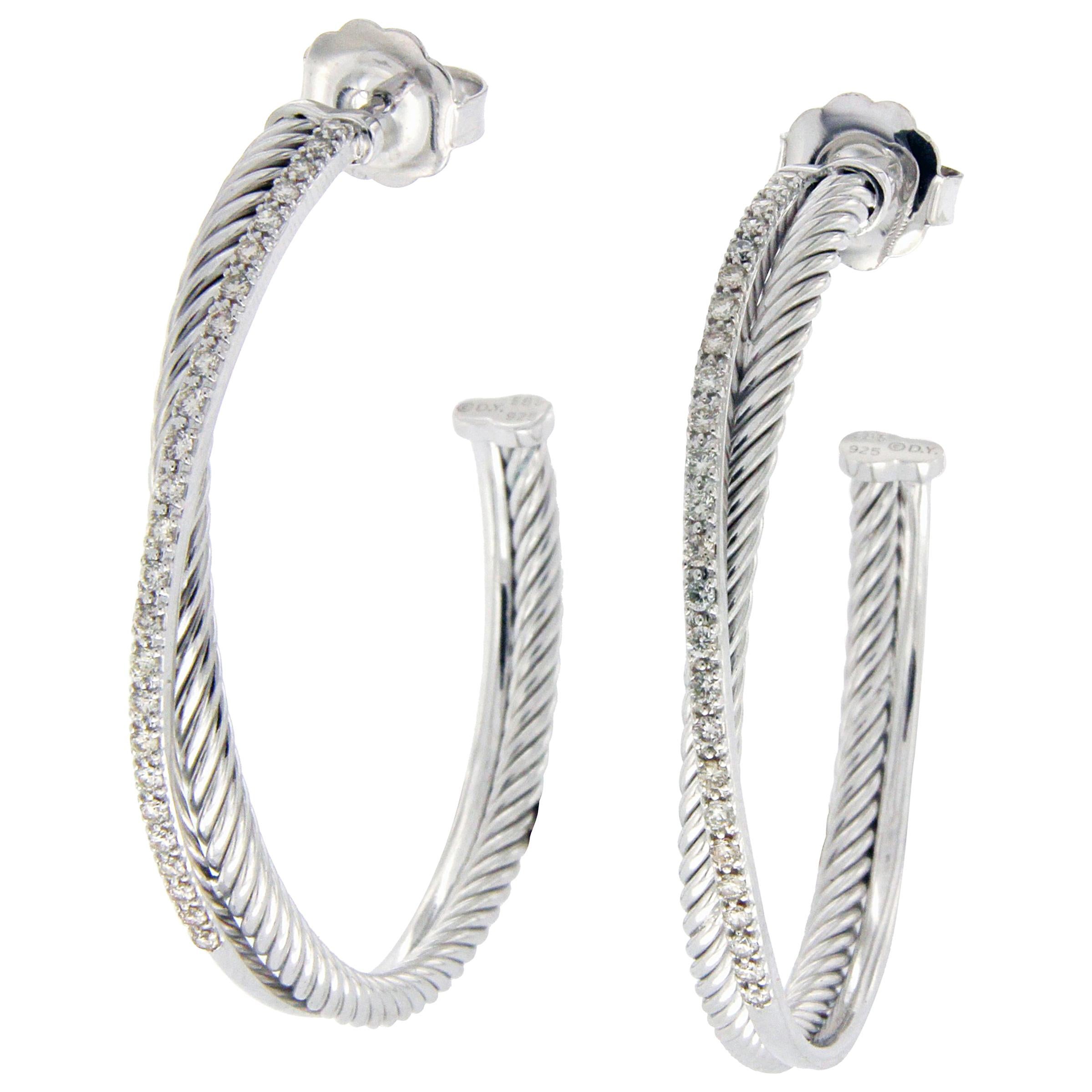 David Yurman 925 Silver and 14 Karat Gold Large Diamonds Hoop Earrings