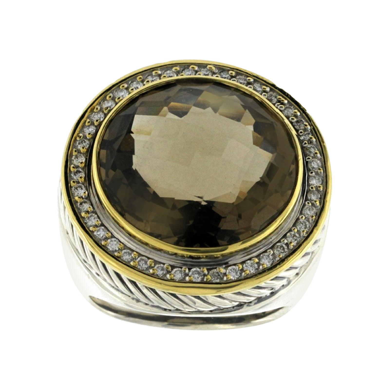 David Yurman 925 Silver and 18 Karat Gold Diamond Smoky Topaz Albion Ring
