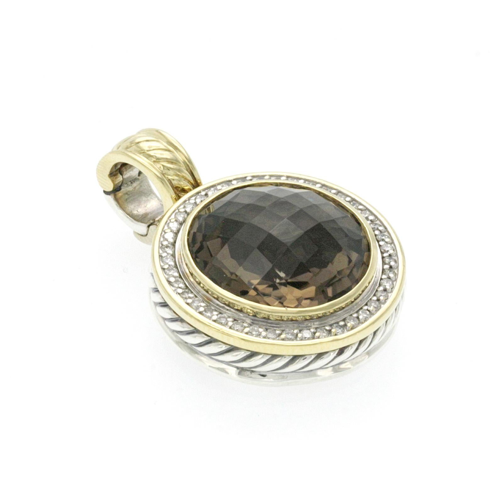 100% Authentic, 100% Customer Satisfaction

Height: 36 mm

Width: 26 mm

Metal: 925 Sterling Silver & 18K Yellow Gold 

Hallmarks: DY 925 750

Total Weight: 20.8 Grams

Stone: Smoky Quartz & Diamonds

Condition: PreOwned

Estimated Retail Price:
