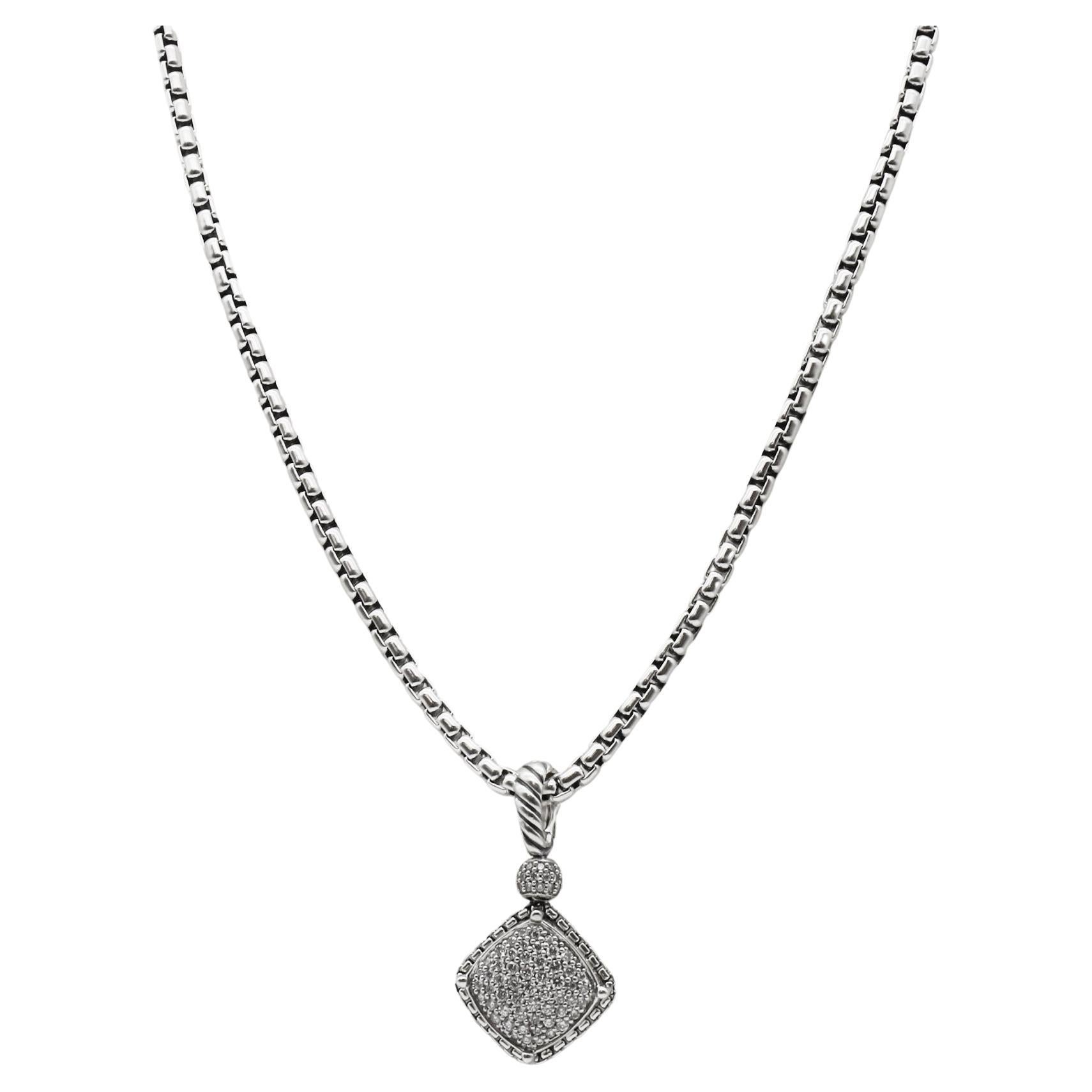 David Yurman 925 Silver and Diamond Cushion On Point Pendant Necklace en venta