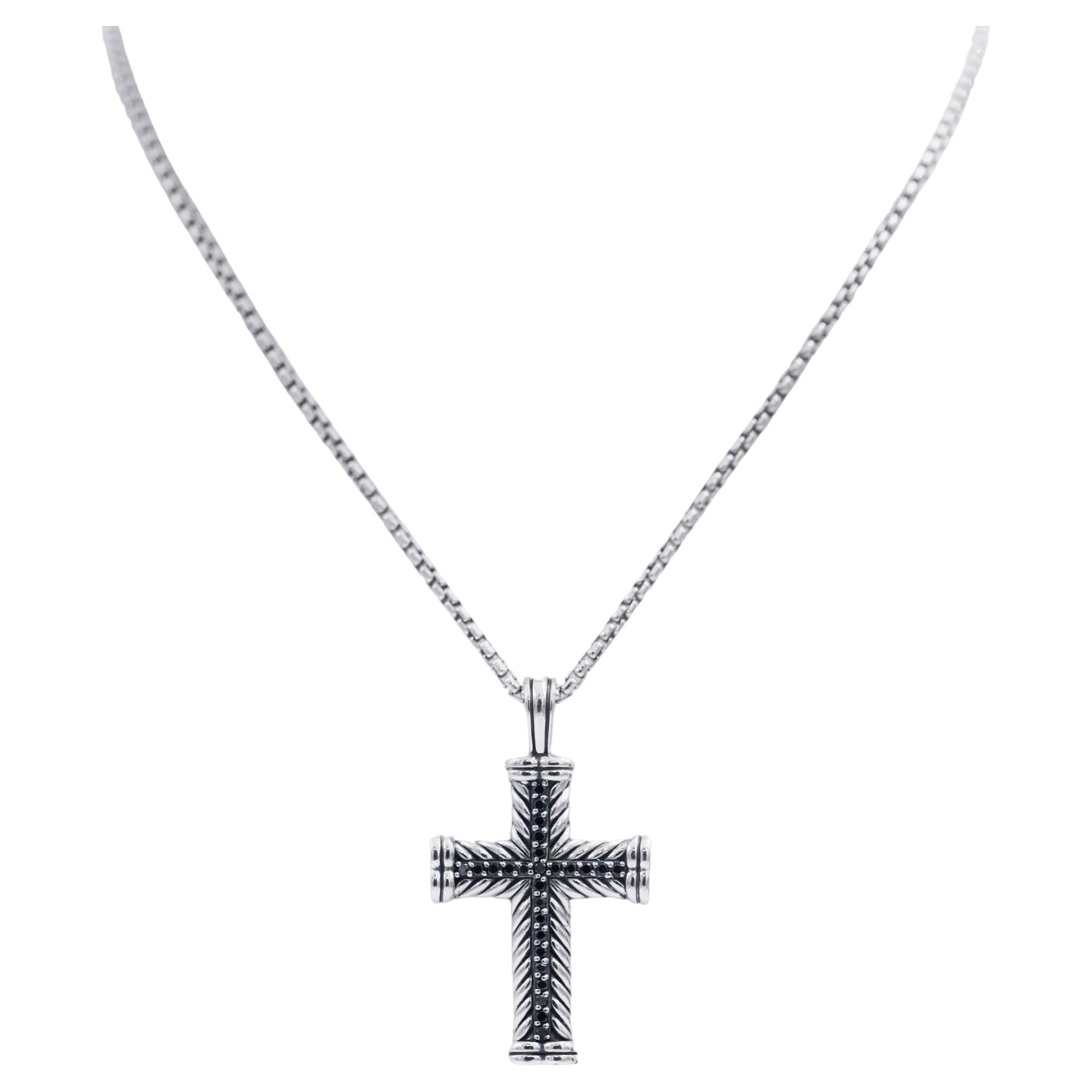 David Yurman 925 Silver Black Diamonds Chevron Cross Pendant Necklace