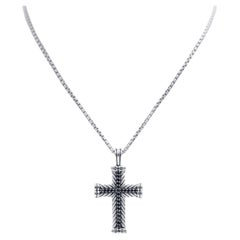 David Yurman 925 Silver Black Diamonds Chevron Cross Pendant Necklace
