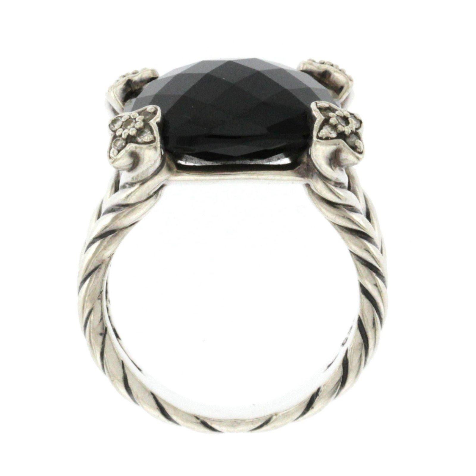 David Yurman 925 Silver Diamond Black Onyx Cushion on Point Ring In Excellent Condition In Los Angeles, CA