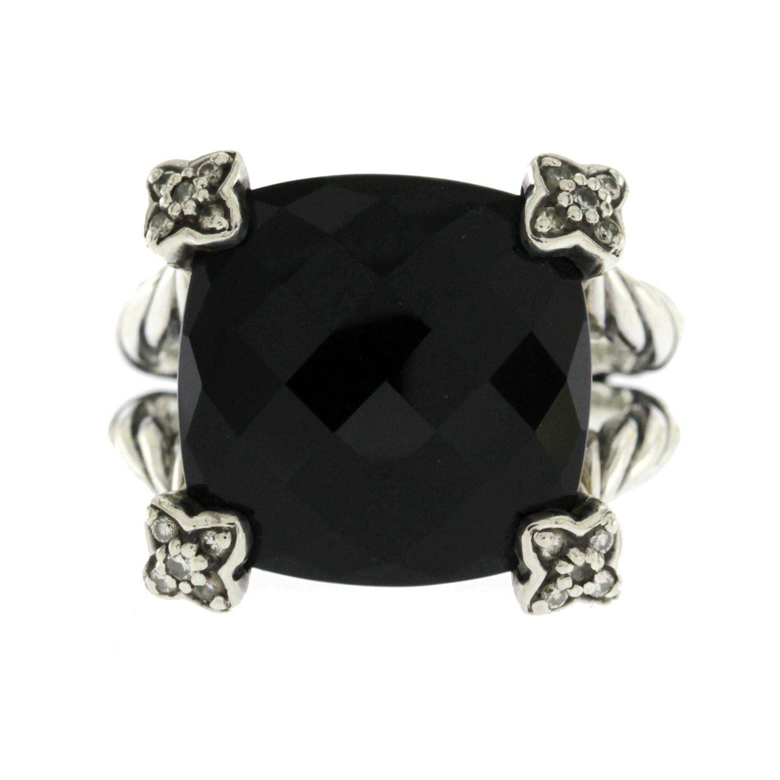 David Yurman 925 Silver Diamond Black Onyx Cushion on Point Ring