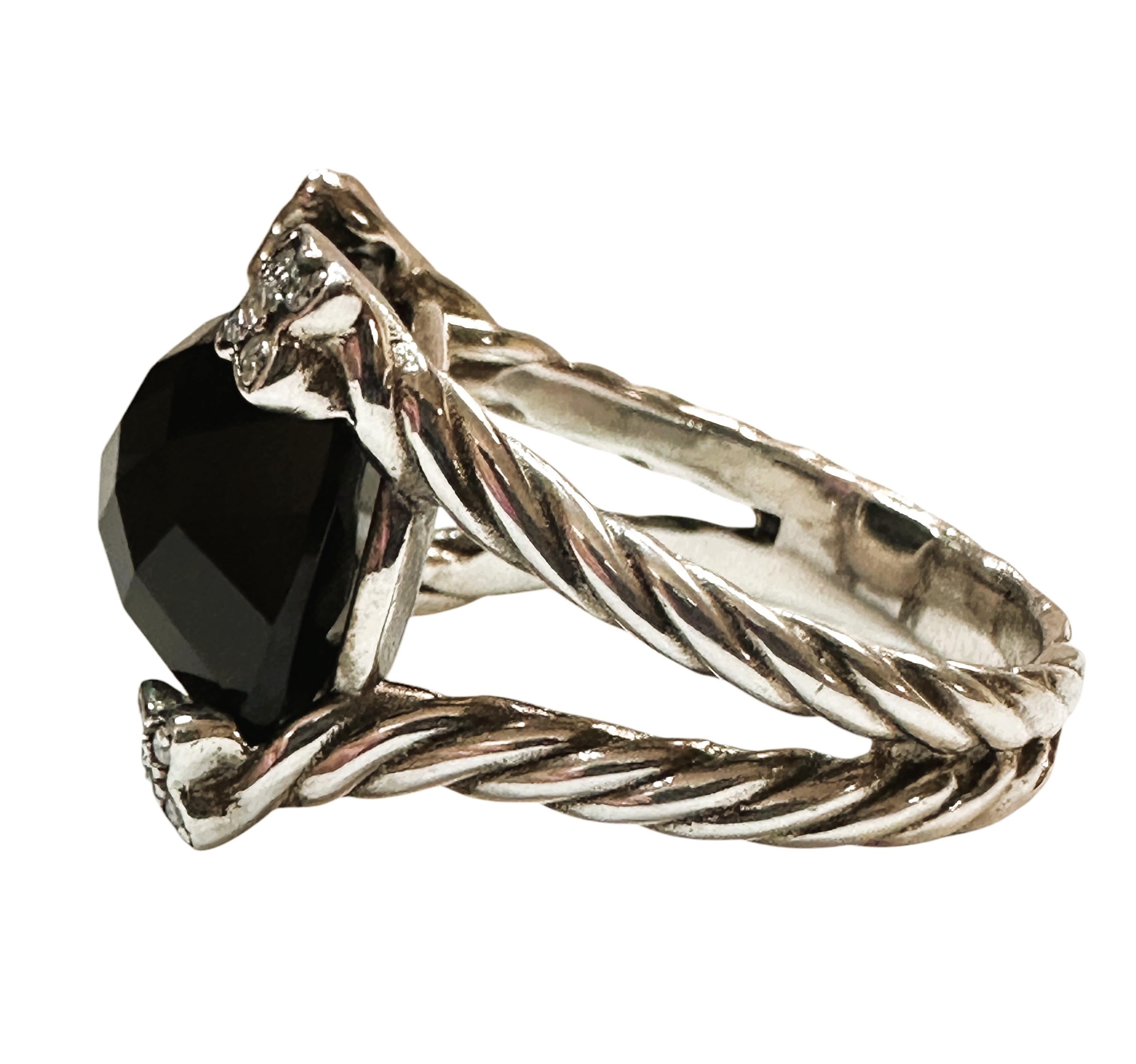 Art Deco David Yurman 925 Silver Diamond Black Onyx Cushion on Point Ring Size 6.5