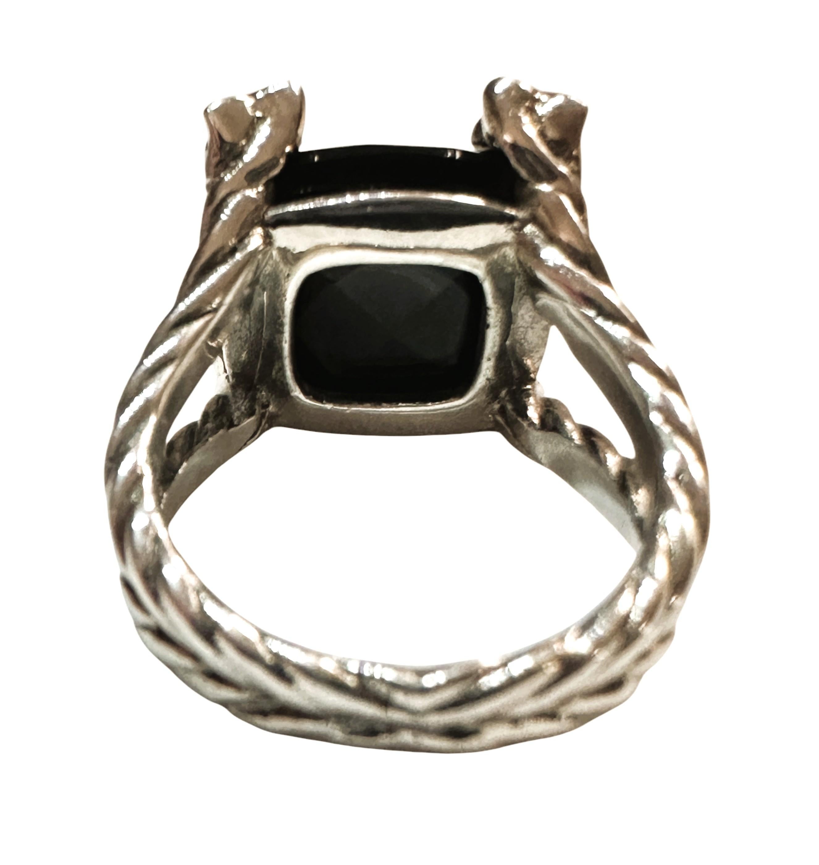 Antique Cushion Cut David Yurman 925 Silver Diamond Black Onyx Cushion on Point Ring Size 6.5