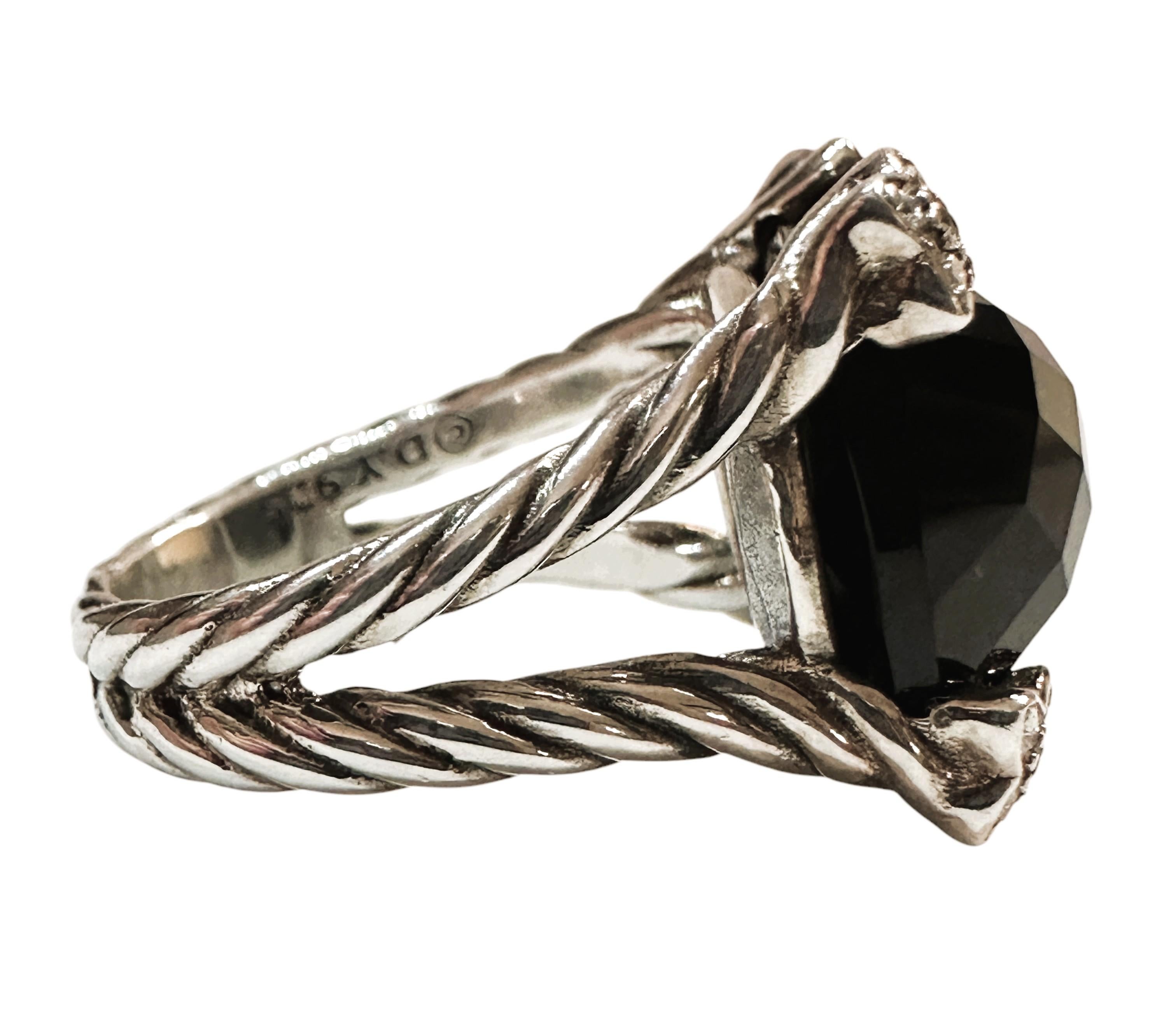 David Yurman 925 Silver Diamond Black Onyx Cushion on Point Ring Size 6.5 In Excellent Condition In Eagan, MN