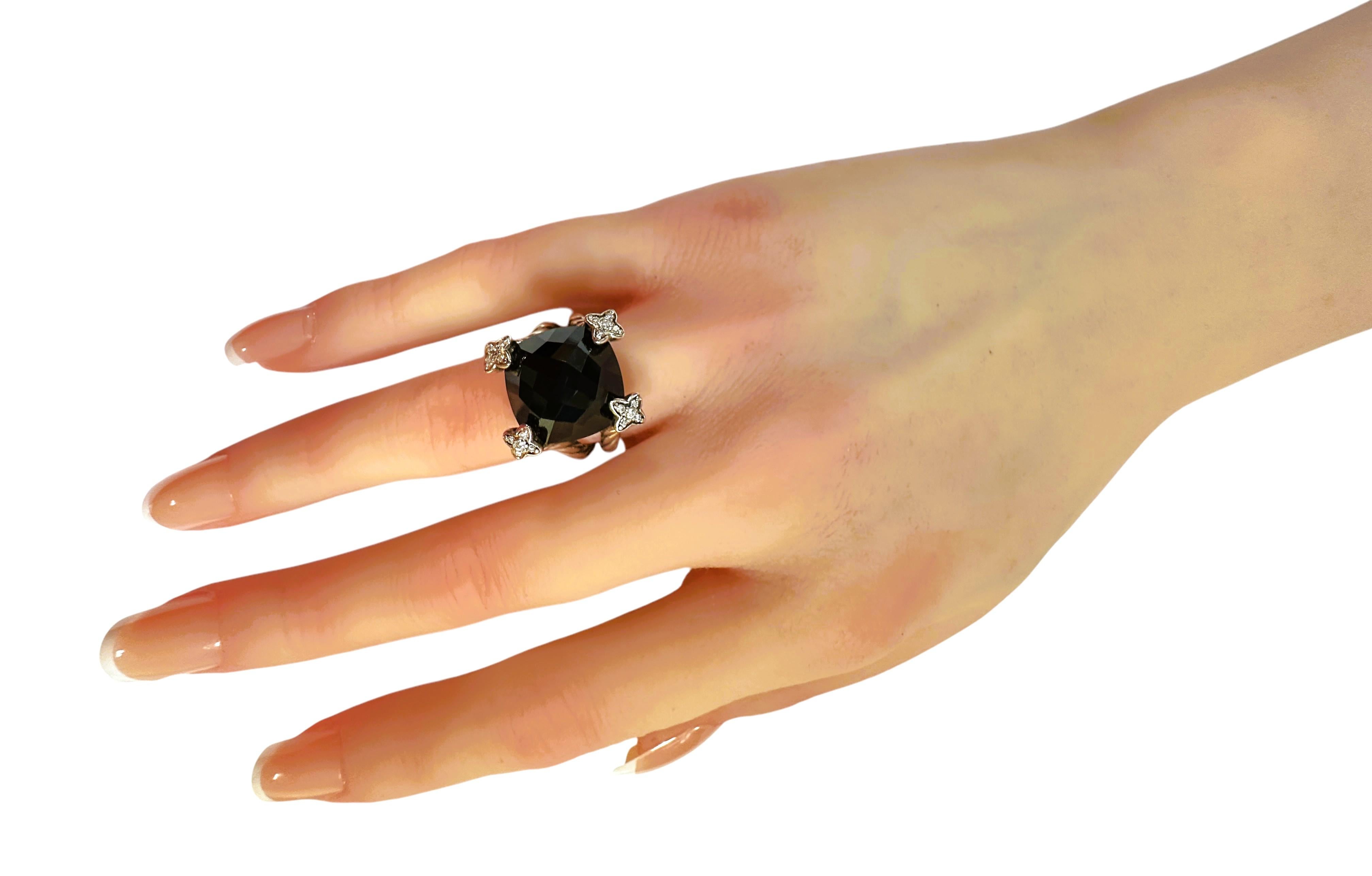 David Yurman 925 Silver Diamond Black Onyx Cushion on Point Ring Size 6.5 1