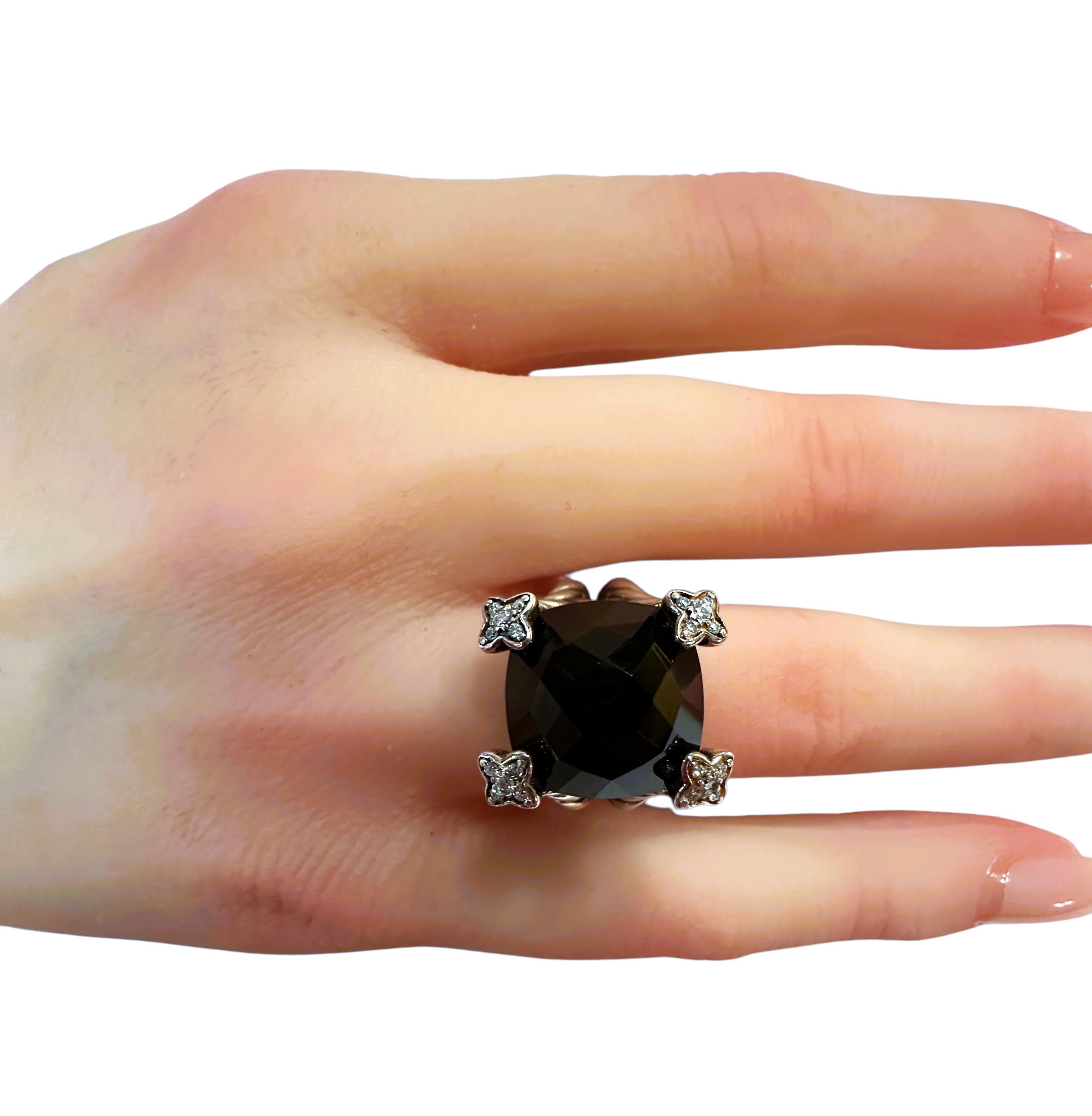 David Yurman 925 Silver Diamond Black Onyx Cushion on Point Ring Size 6.5 2