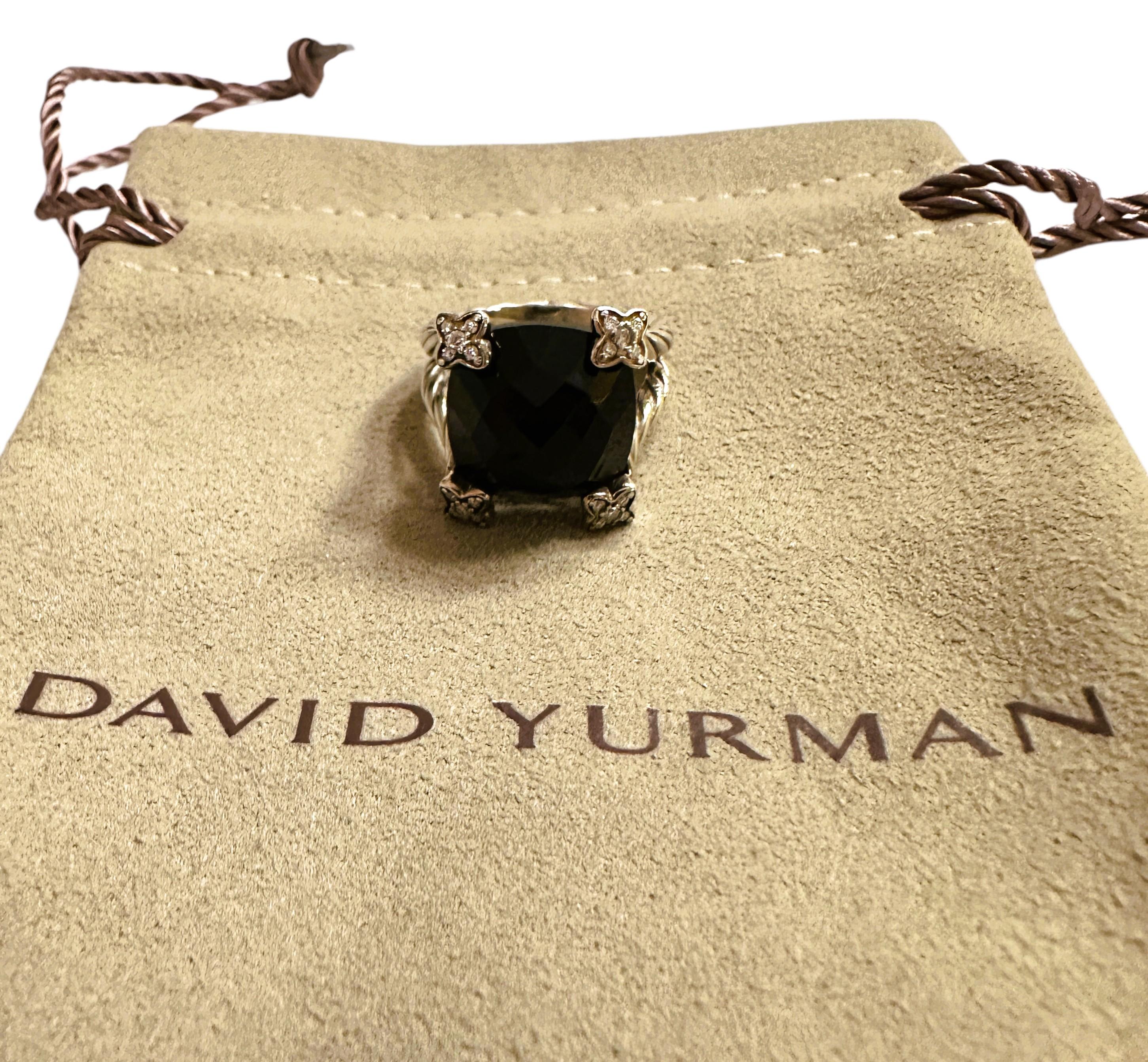 David Yurman 925 Silver Diamond Black Onyx Cushion on Point Ring Size 6.5 3