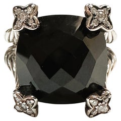 David Yurman 925 Silver Diamond Black Onyx Cushion on Point Ring Size 6.5