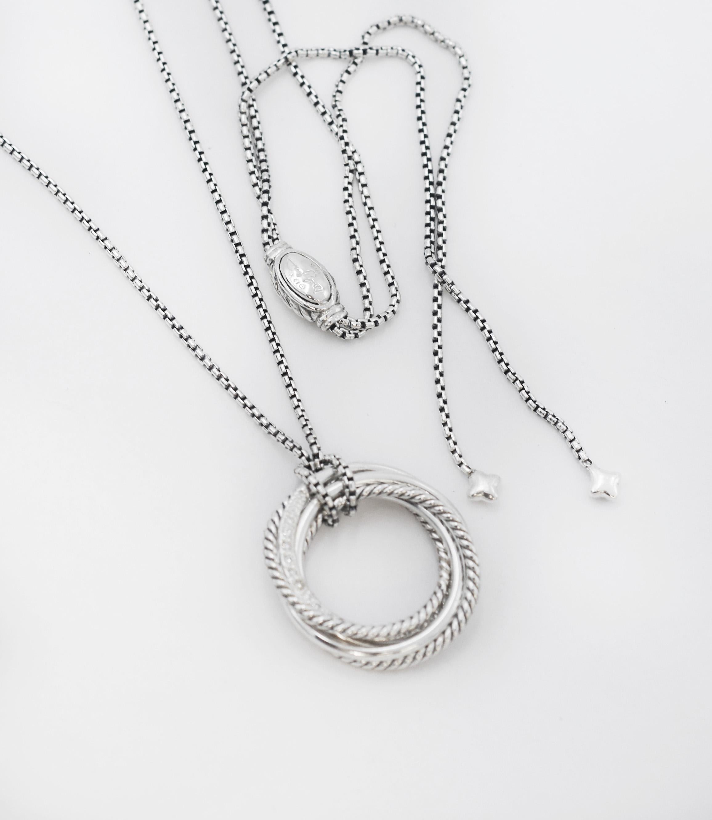 Round Cut David Yurman 925 Silver Diamond Infinity Crossover Necklace  For Sale
