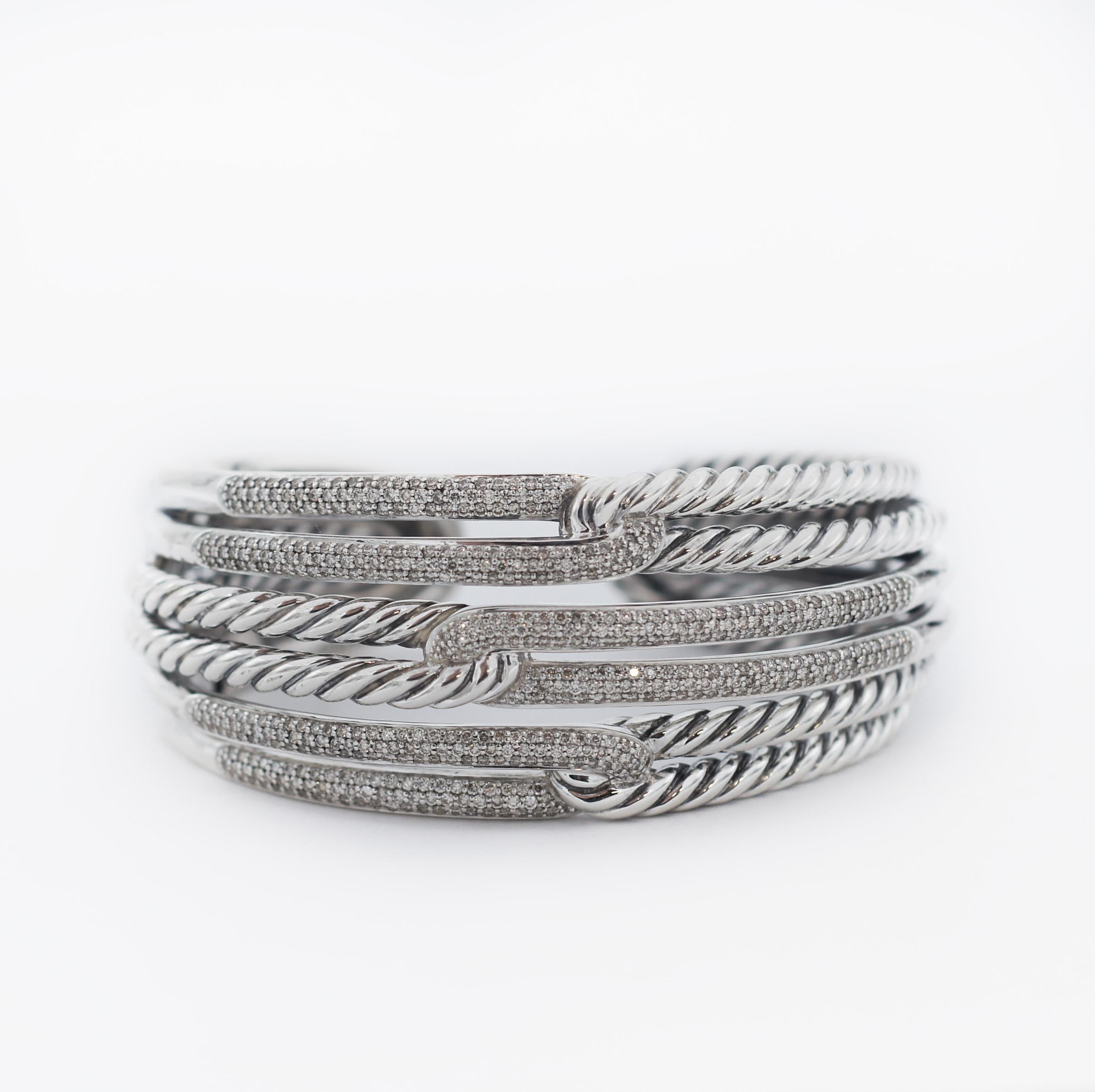 Round Cut David Yurman 925 Silver Diamond Labyrinth Triple Loop Cuff Bracelet For Sale
