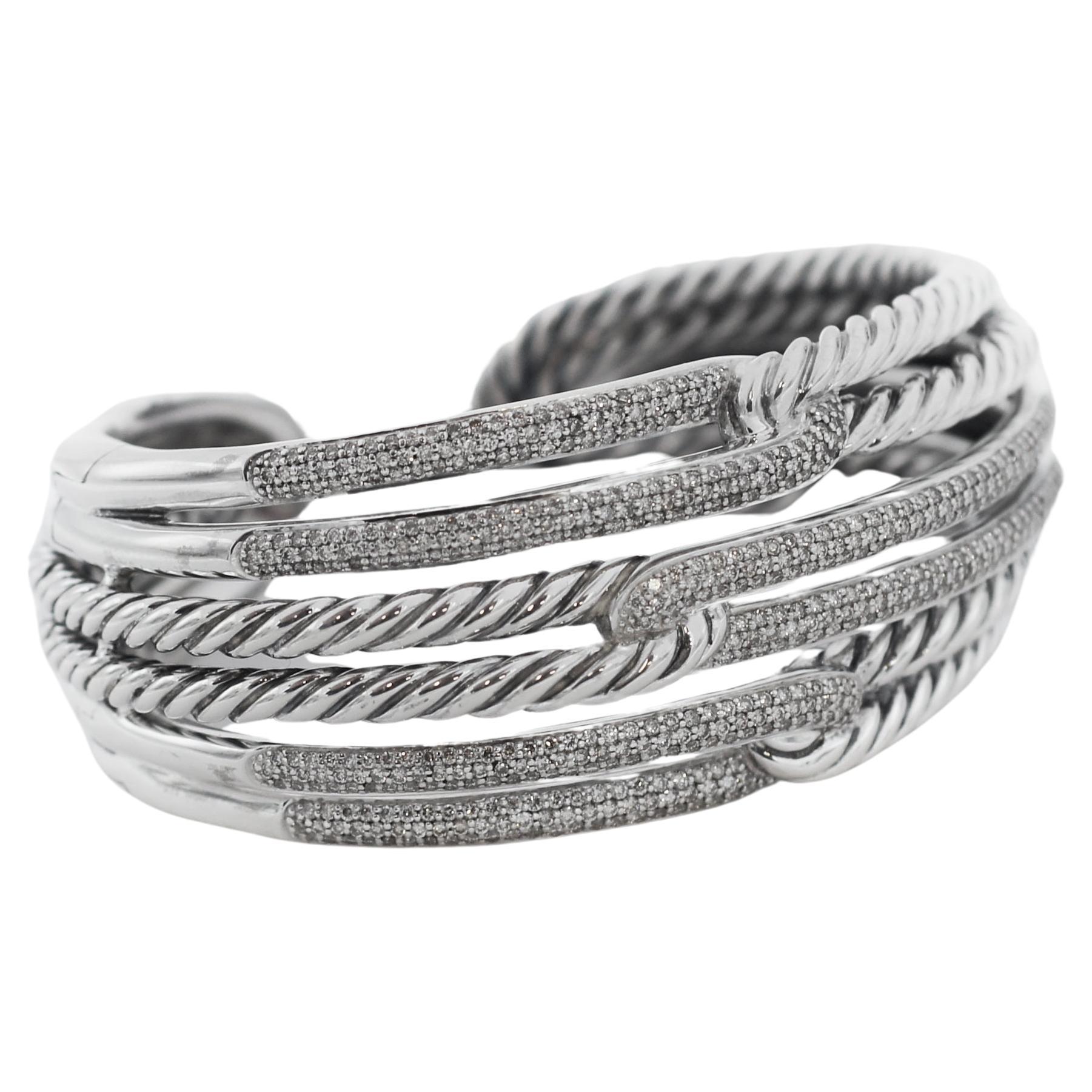 David Yurman 925 Silver Diamond Labyrinth Triple Loop Cuff Bracelet For Sale