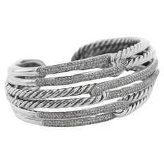 Used David Yurman 925 Silver Diamond Labyrinth Triple Loop Cuff Bracelet