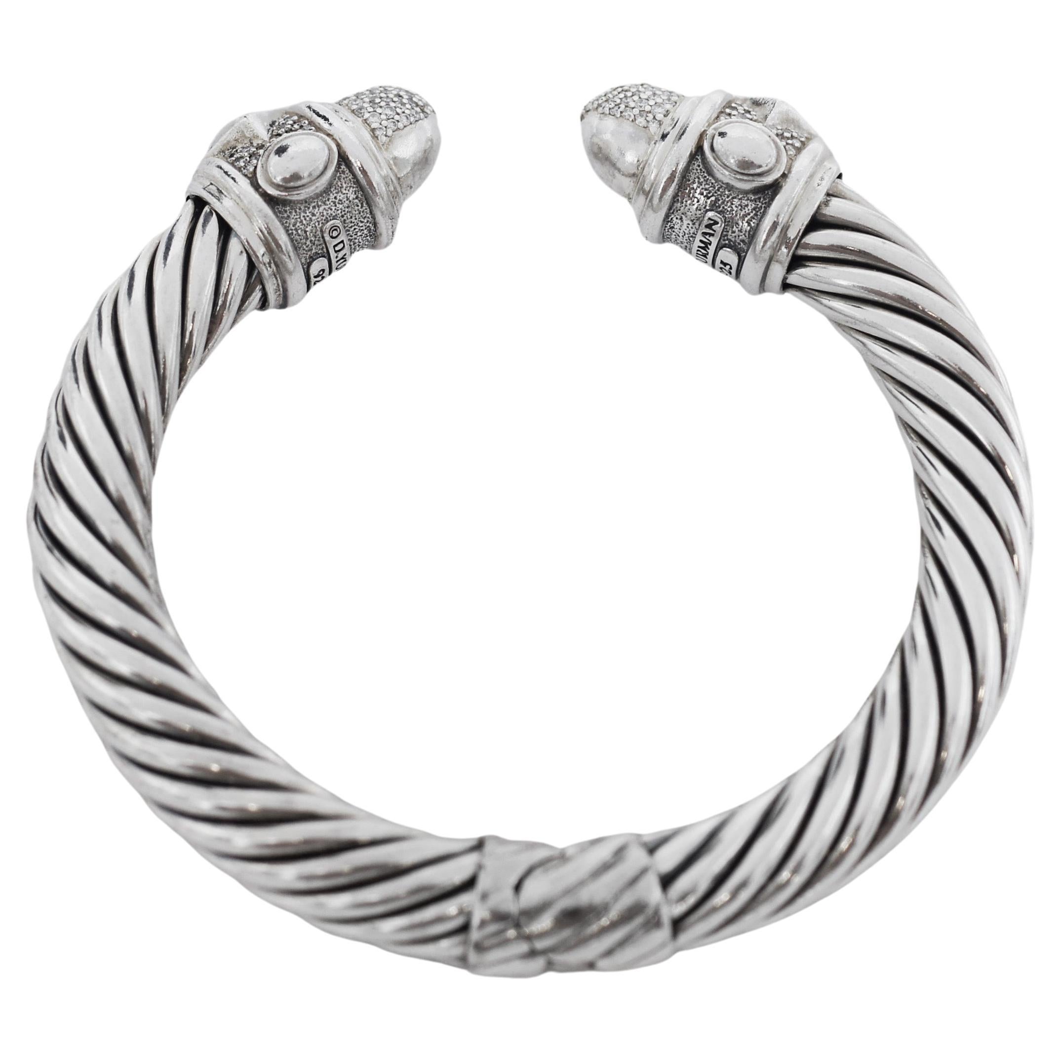 David Yurman 925 Silver Diamond Renaissance Cuff Bracelet For Sale