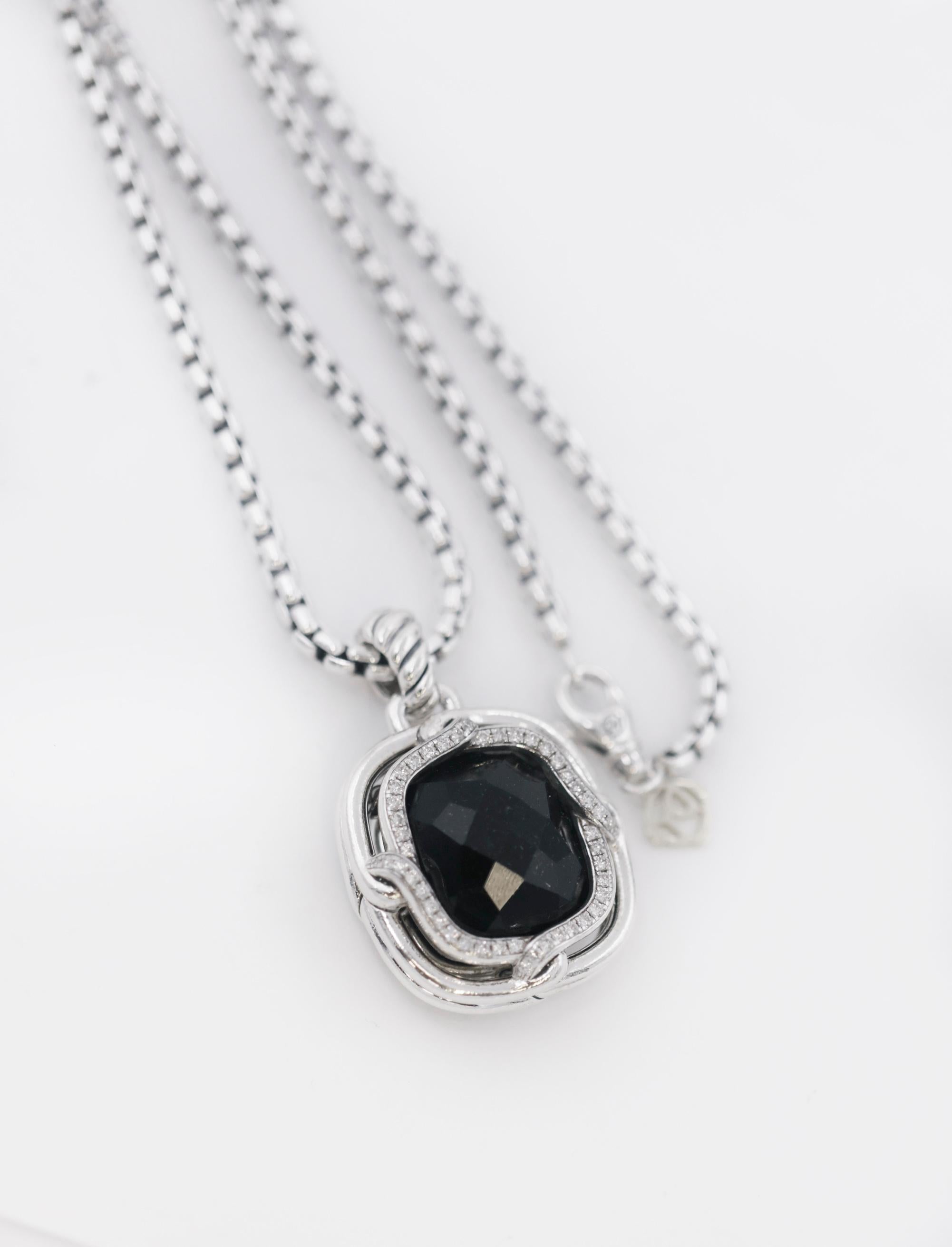 David Yurman 925 Silber-Labyrinth-Onyx- und Diamant-Halskette (Rundschliff) im Angebot