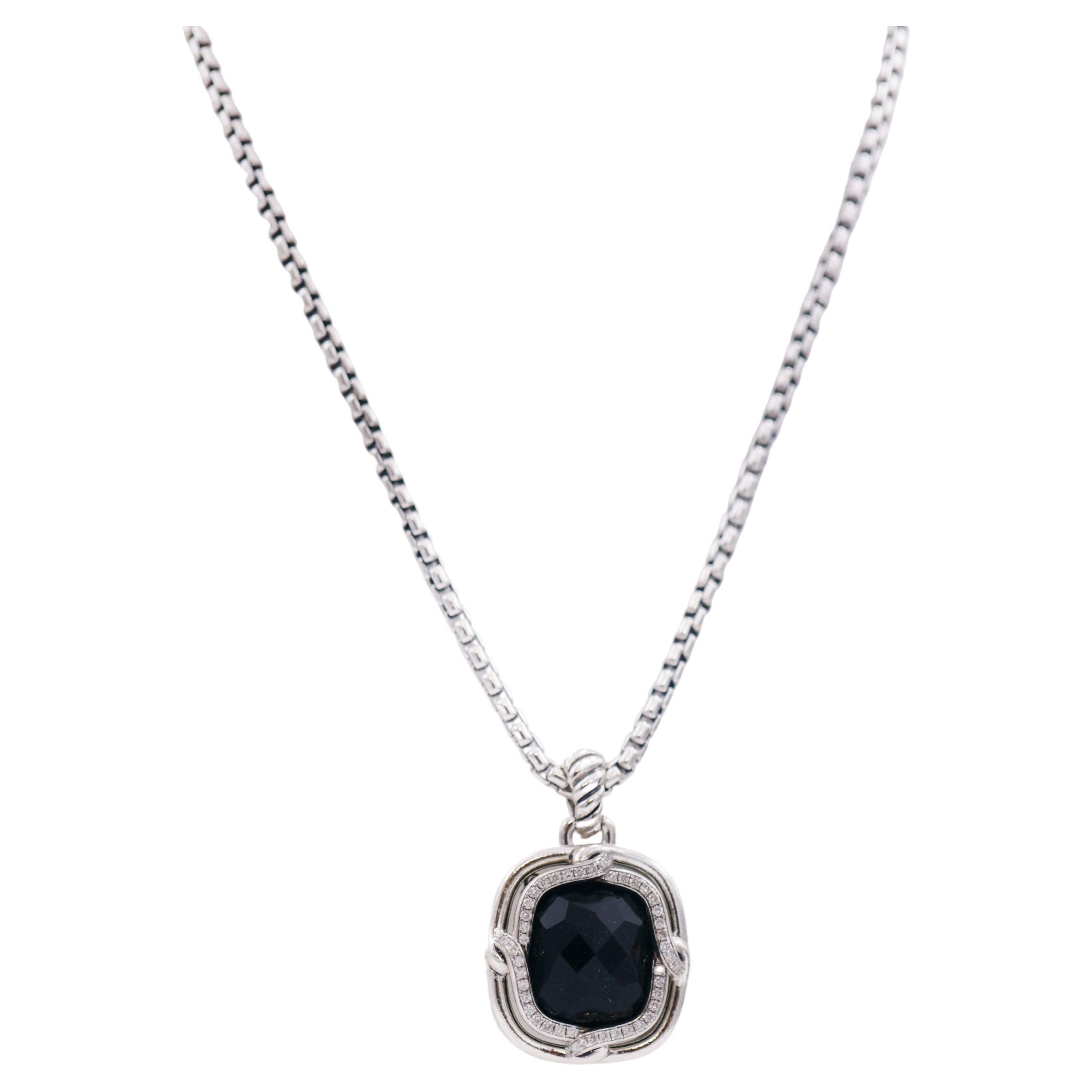 David Yurman 925 Silver Labyrinth Onyx and Diamond Necklace For Sale