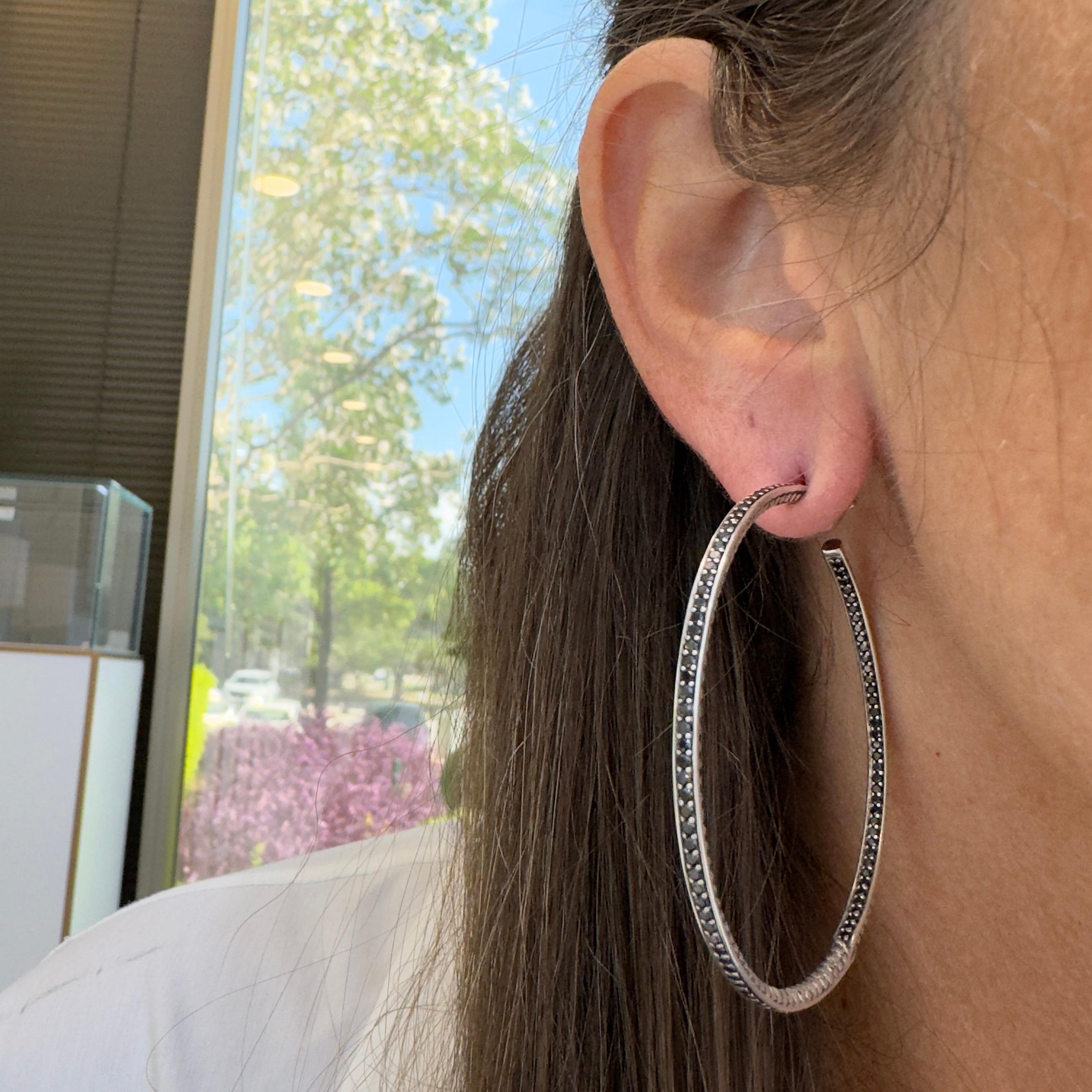 David Yurman 925 Silver Large 2.10ctw Diamond Inside-Out Cable Hoop Earrings For Sale 5