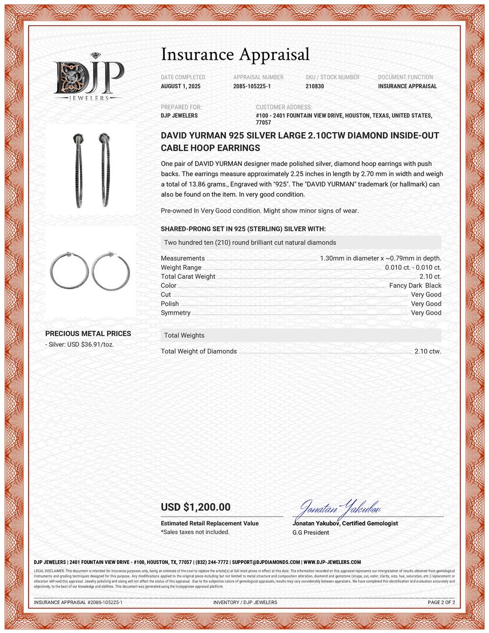 David Yurman 925 Silver Large 2.10ctw Diamond Inside-Out Cable Hoop Earrings For Sale 6