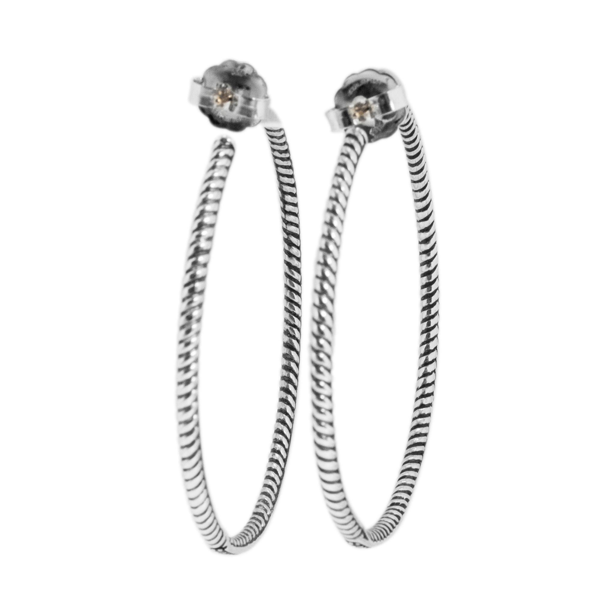 Round Cut David Yurman 925 Silver Large 2.10ctw Diamond Inside-Out Cable Hoop Earrings For Sale